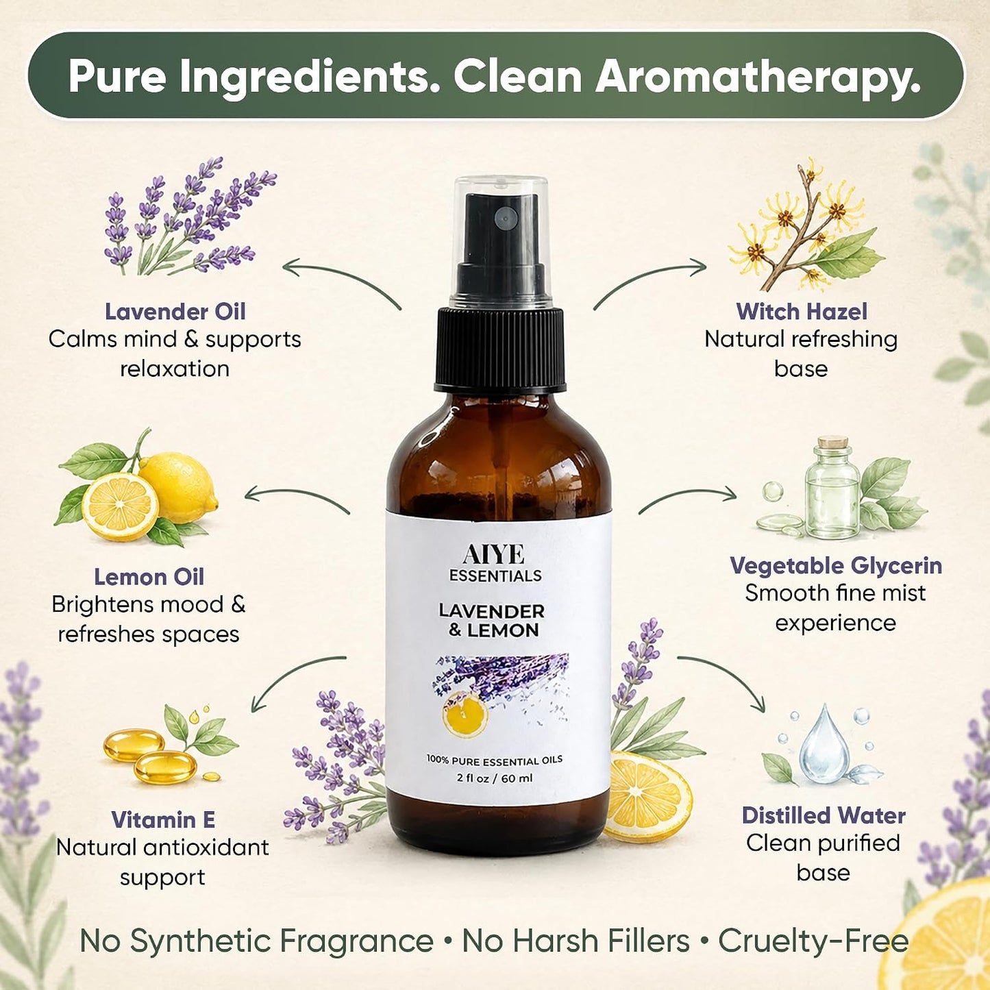 Aiye Essentials Lavender Lemon Room & Linen Spray, Non‑Toxic Essential Oil Aromatherapy Mist for Home & Bedding, 4 fl oz