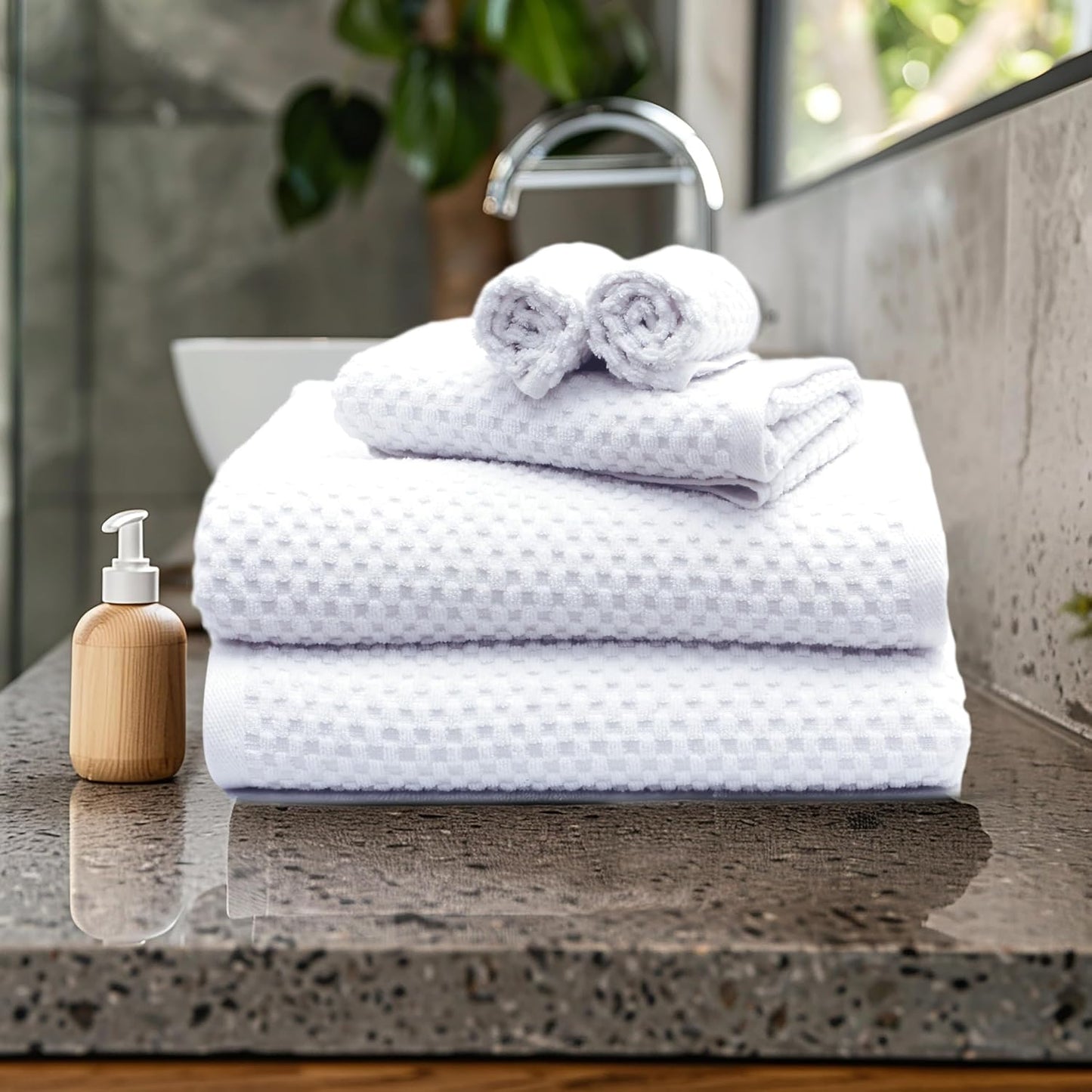 COTTON CRAFT Waffle 6 Piece Towel Set - 100% Cotton - 2 Oversized Luxury Euro Spa Waffle Weave Large Bath Towels, 2 Hand Towels, 2 Washcloths - Absorbent Quick Dry Hotel Bathroom Shower Pool - White