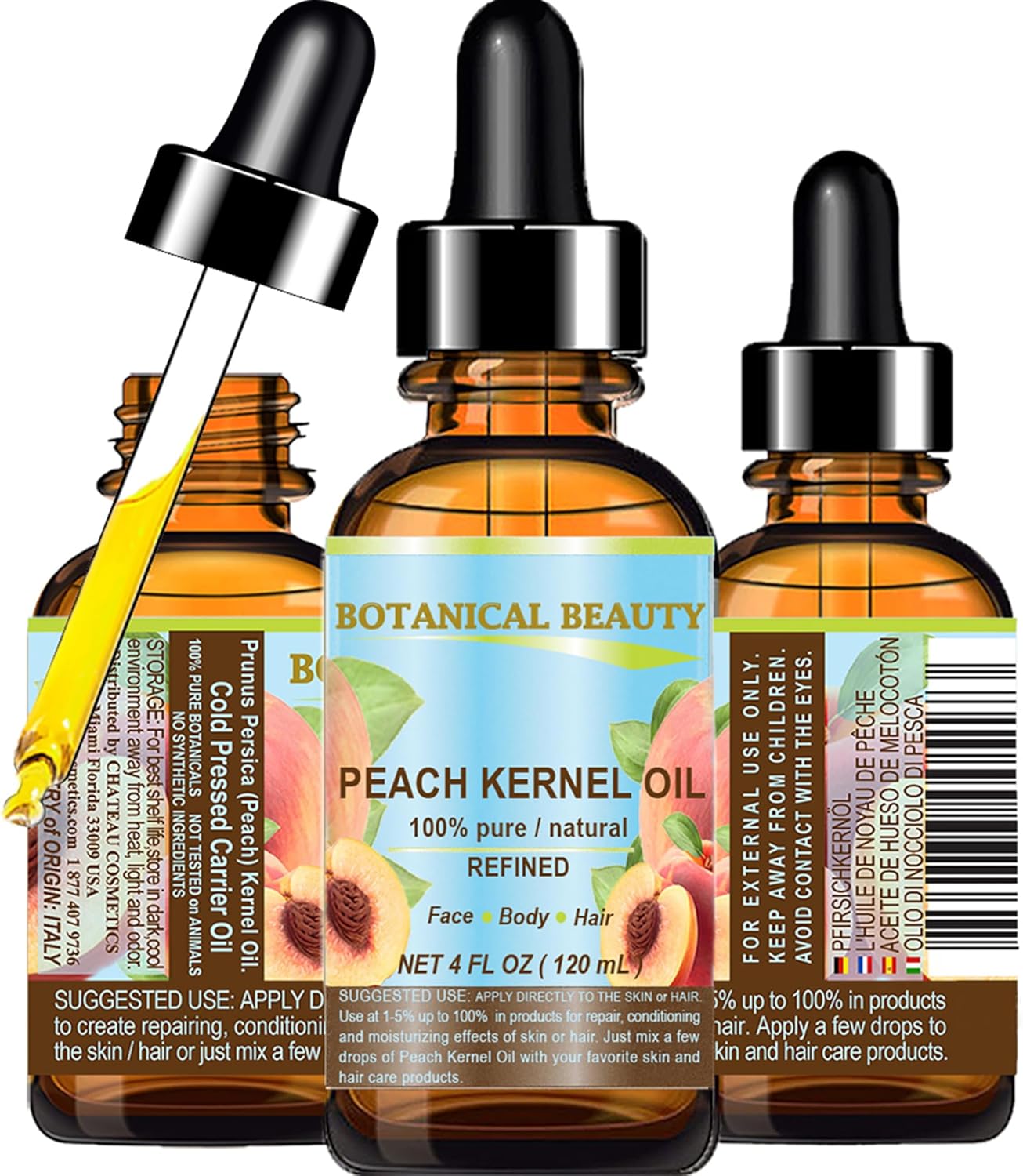 Botanical Beauty Peach Kernel Oil. 100% Pure Natural Undiluted Refined Cold Pressed Carrier Oil for Face, Skin, Hair, Massage, Lip, Nail Care. 4 Fl. oz-120 ml