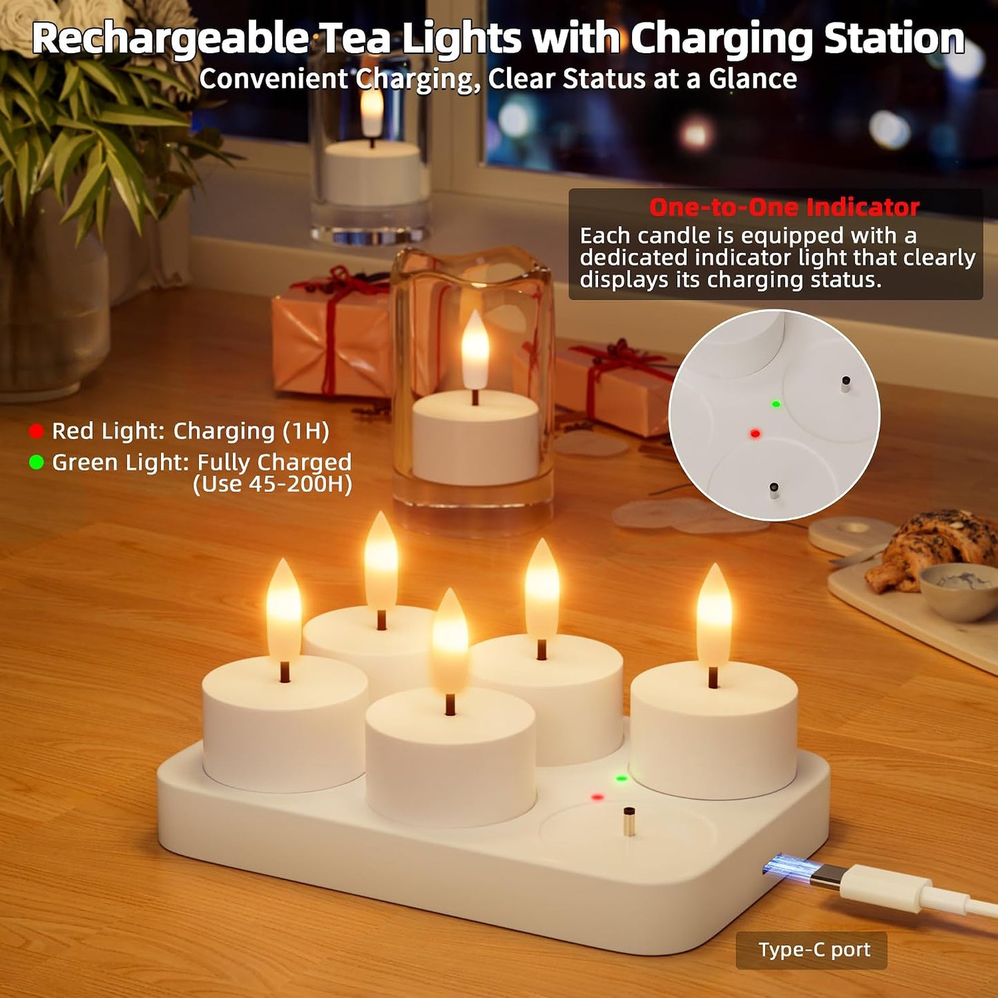 Rechargeable Flameless Tea Lights Candles with Charging Station 6Pcs Battery Tea Lights Candles with Remote & Timer LED Tealight Flickering Realistic for Home Christmas Wedding Decor - White