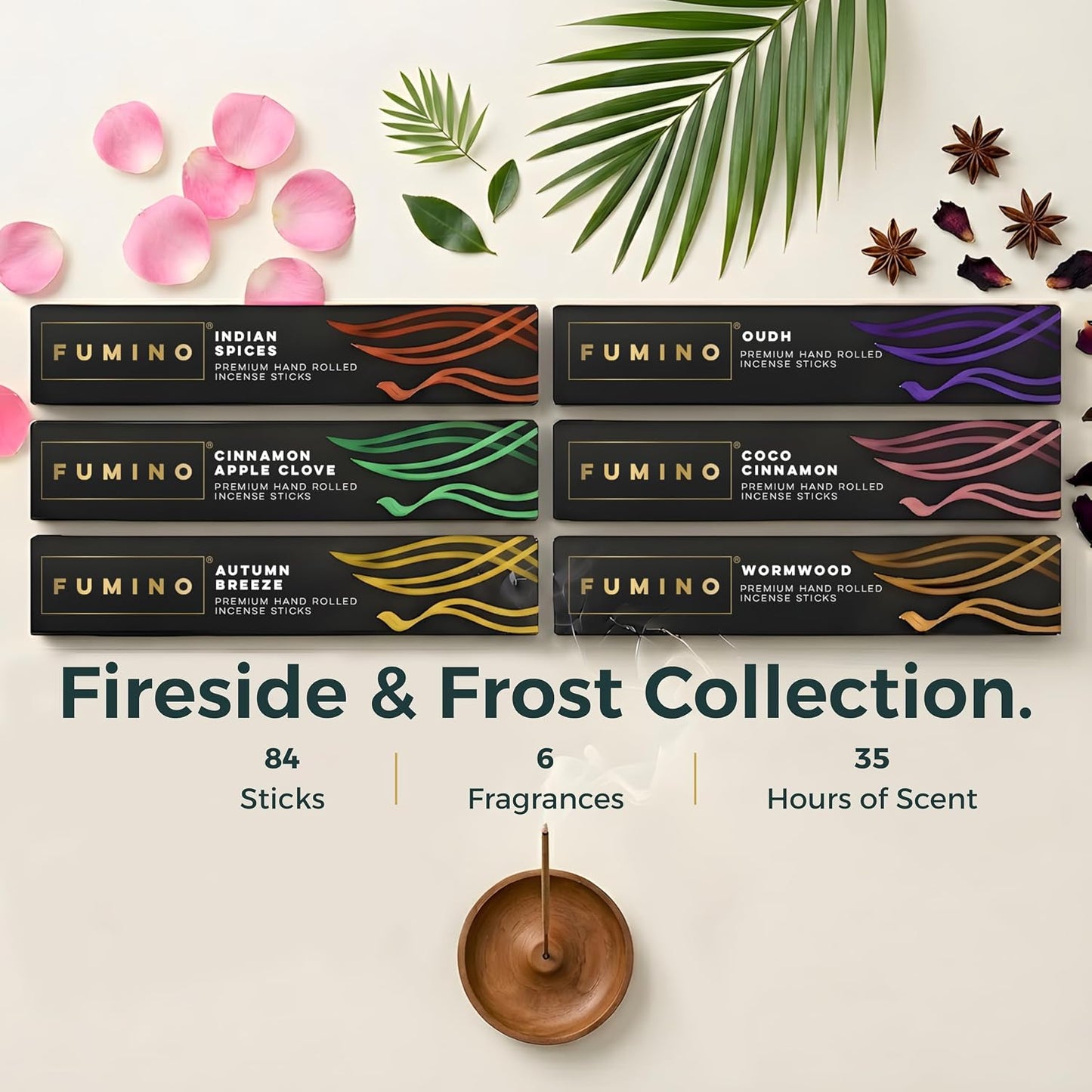 Fumino Incense Sticks Fireside & Frost 84 Pack 6 Fragrances - Handmade Masala Agarbatti Joss Sticks, Natural Low-Smoke Incense for Relaxation & Meditation, Warm Spiced Scents Gift Set