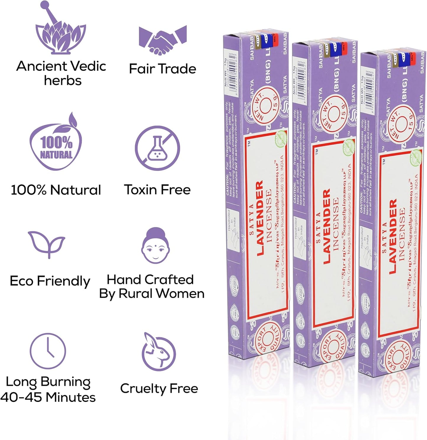 Satya Lavender Incense Sticks, Satya Bng (Bangalore) Insenses 15gmx3 Pack (45 GMS) with Raajsee Incense Holder Bundle, Satya Nagchampa Natural Incense