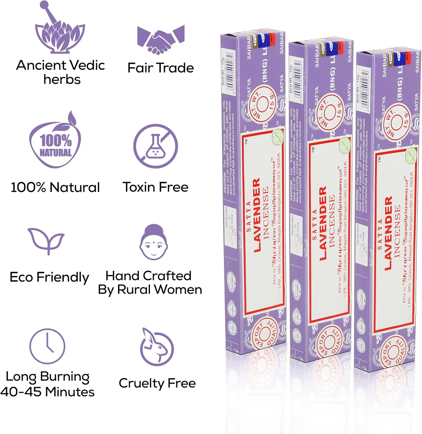 Satya Lavender Incense Sticks, Satya Bng (Bangalore) Insenses 15gmx3 Pack (45 GMS) with Raajsee Incense Holder Bundle, Satya Nagchampa Natural Incense
