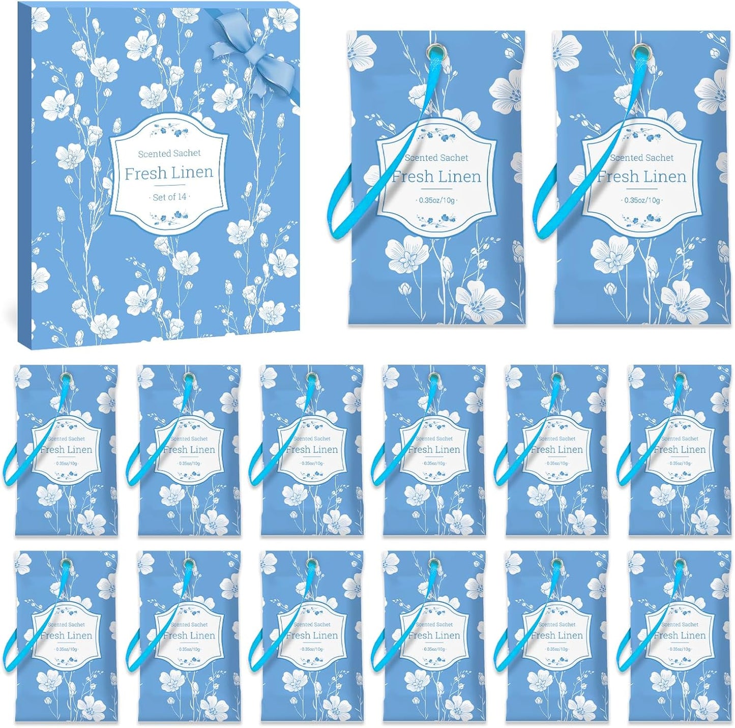 SCENTORINI Scented Sachets for Drawers and Closets, Fresh Linen Scent 14 Pack, Sachets Bags, Closet Freshener Sachet for Wardrobe, Cupboard, Luggage, Handbag, Suitcases