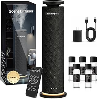 Waterless Scent Diffuser Starter Kit with 5 Oils, Luxury Hotel Style Cold Air Diffuser Oil Machine for Home, 1000 Sq Ft Coverage, Quiet Nebulizing Aromatherapy with Remote, Tower Fabric Design, Black