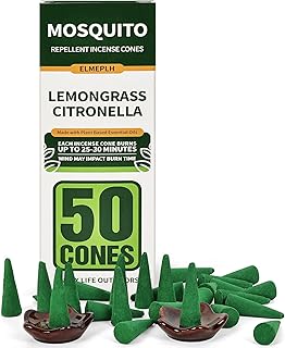 50 Pcs Mosquito Repellent Incense Cones - Natural Citronella Incense Cones for Camping, Patio, Hiking,Outdoor, etc - Includes 2 Ceramic Dishes