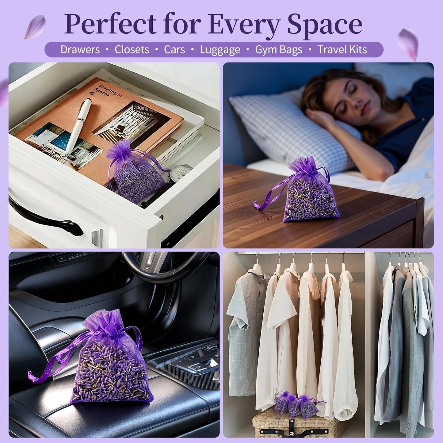 AZY Lavender-Scented Sachet Bags – 24 Pack with 5 Extra Linen Bags, Natural Fragrance Sachets for Drawers, Closets, Cars & Home Decoration