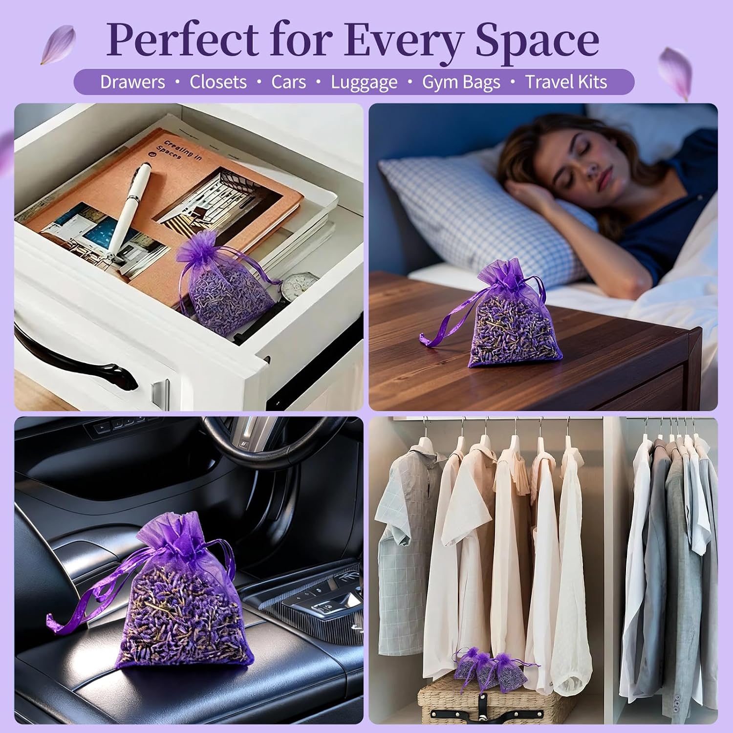 AZY Lavender-Scented Sachet Bags – 24 Pack with 5 Extra Linen Bags, Natural Fragrance Sachets for Drawers, Closets, Cars & Home Decoration