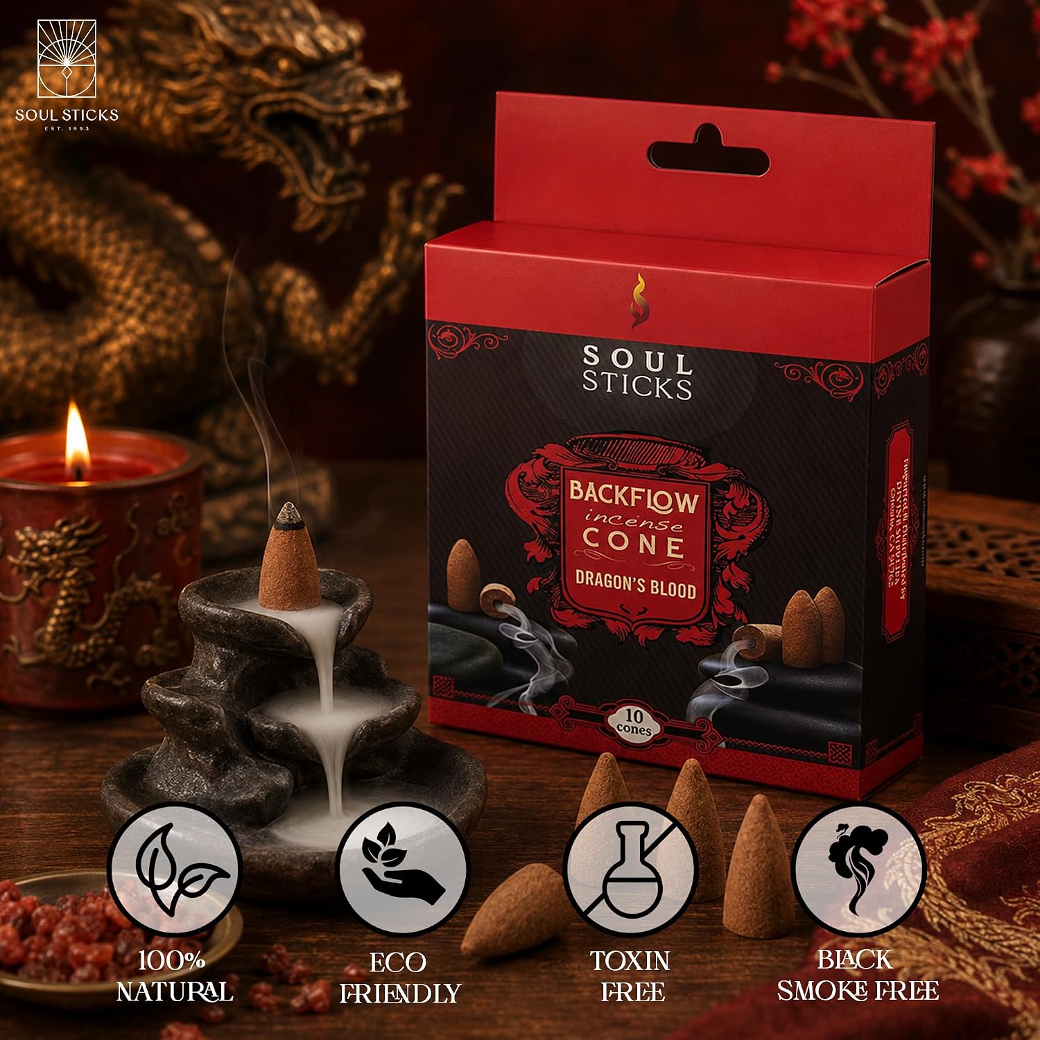 Soul Sticks Backflow Incense Cones – 40 PCS Organic Handmade Cones for Waterfall Burner | 4 Pack Long Lasting Aromatic Scents | Thick White Smoke Incense for Meditation, Spiritual Gift (Dragons Blood)