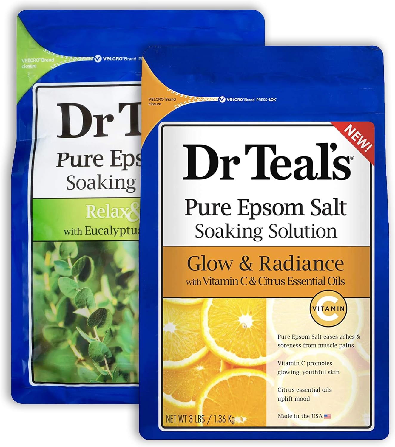 Dr Teal's Pure Epsom Salt Bath Variety Gift Set (2 Pack, 3lb Ea.) - Relax & Relief Eucalyptus & Spearmint, Glow & Radiance Vitamin C & Citrus - Essential Oils Soothe the Mind, Alleviated Daily Stress