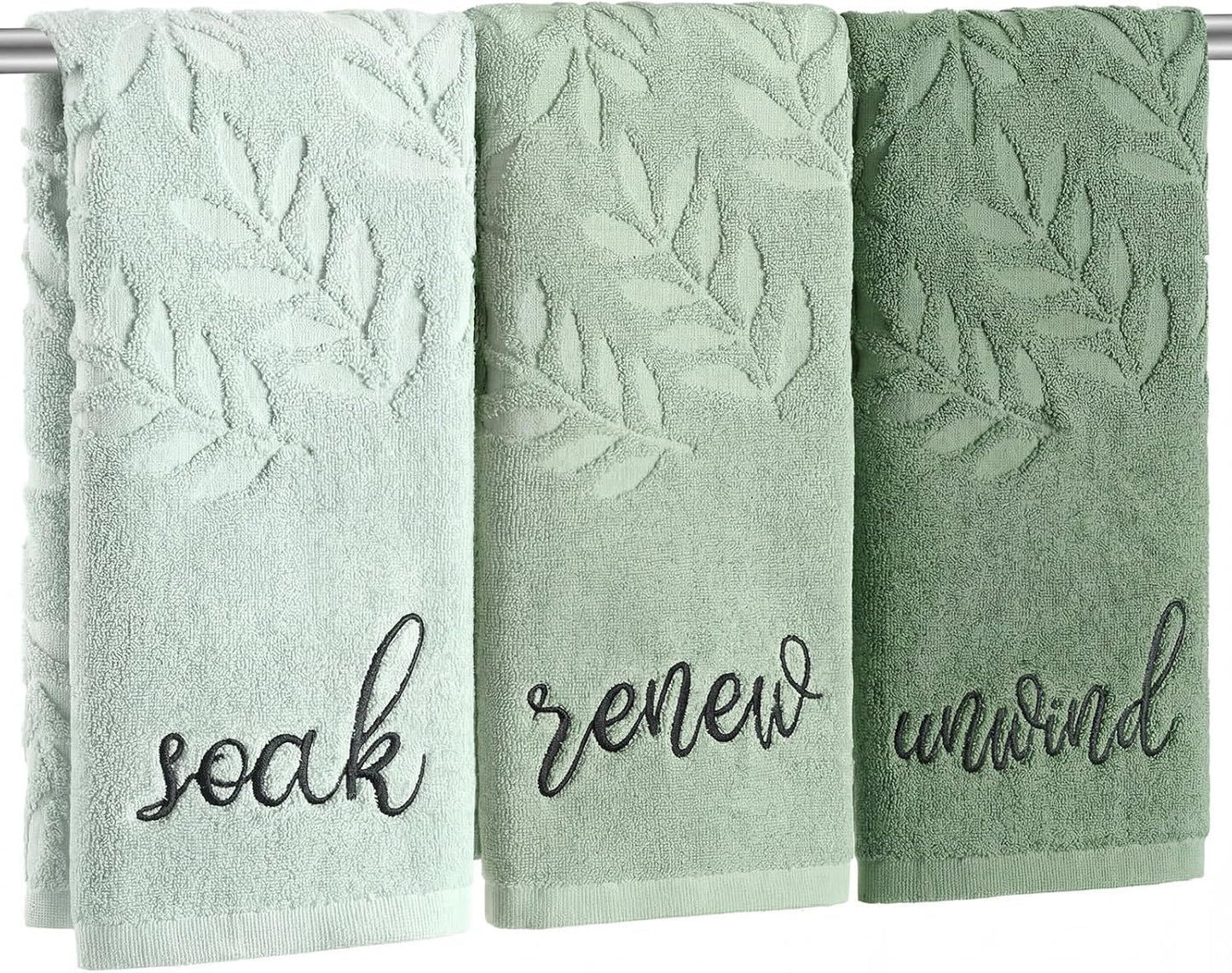 Moukeren 3 Pcs Sage Green Hand Towels for Bathroom 100% Cotton Jacquard Embroidered Leaves Soak Unwind Bath Towels Bathroom Spa Kitchen Dishcloth Gift Set Farmhouse Decorations