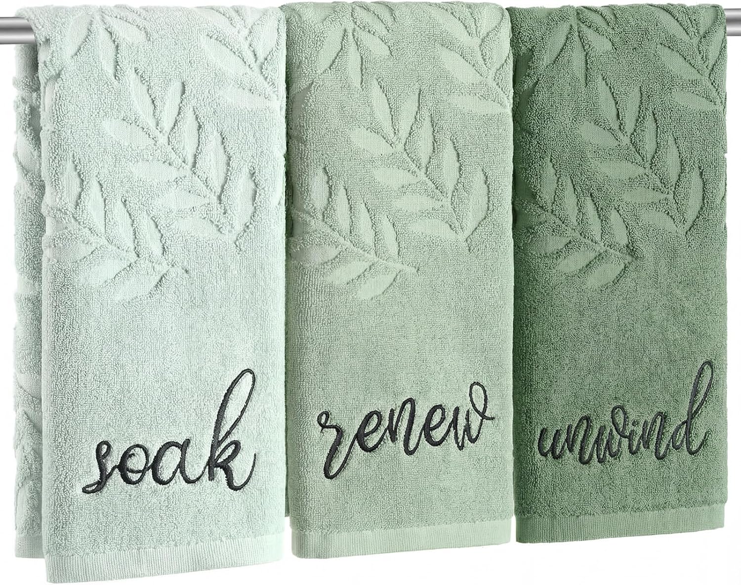 Moukeren 3 Pcs Sage Green Hand Towels for Bathroom 100% Cotton Jacquard Embroidered Leaves Soak Unwind Bath Towels Bathroom Spa Kitchen Dishcloth Gift Set Farmhouse Decorations