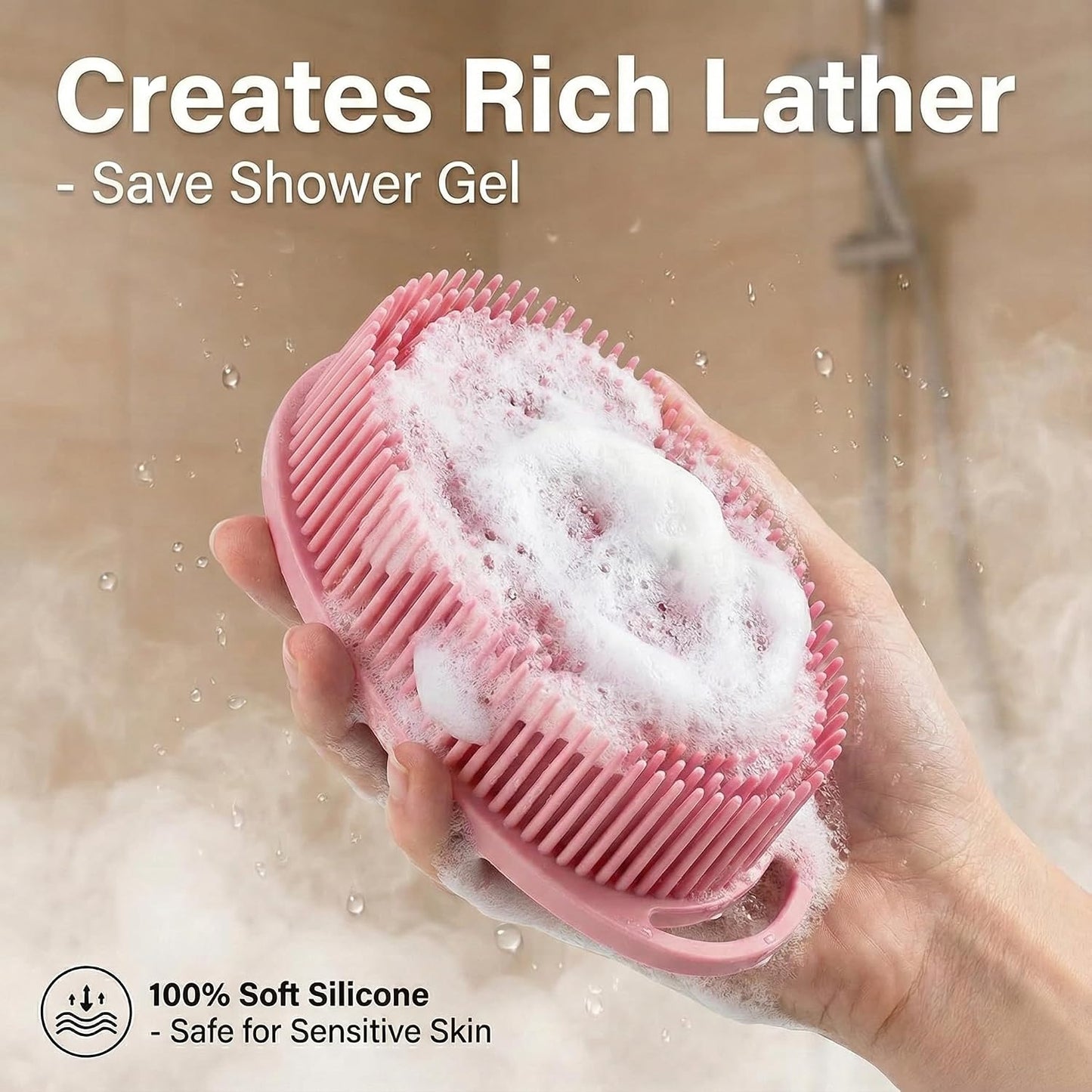 Silicone Body Scrubber 3-Pack – 2-in-1 Shower Exfoliating Brush with Handle, Gentle & Durable Loofah Alternative – Black, Green, Pink