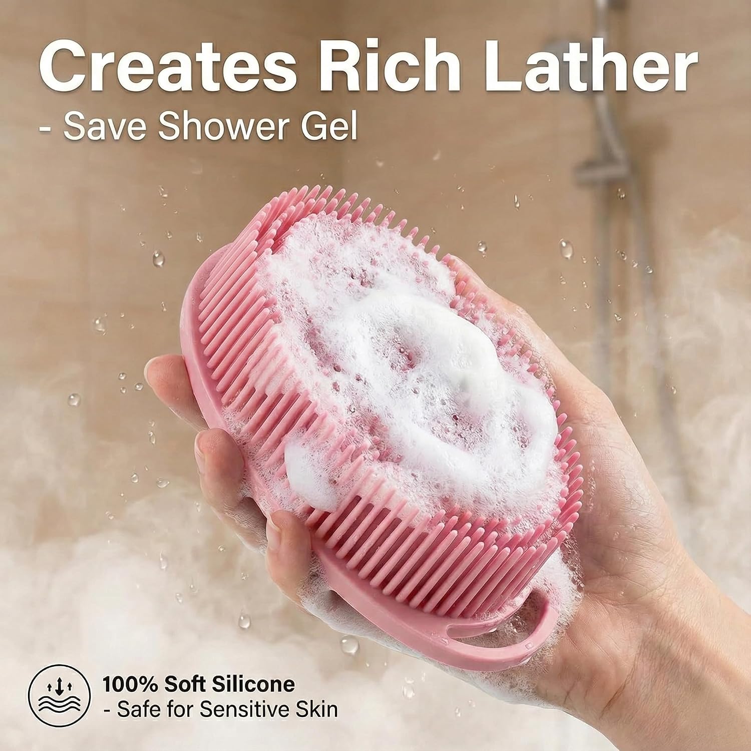 Silicone Body Scrubber 3-Pack – 2-in-1 Shower Exfoliating Brush with Handle, Gentle & Durable Loofah Alternative – Black, Green, Pink