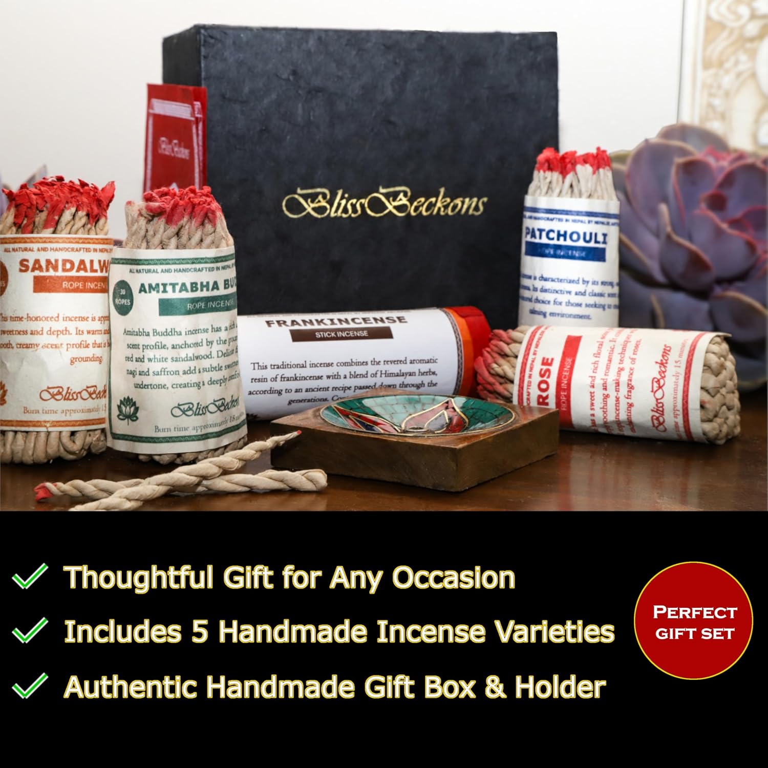 Handmade Tibetan Incense Gift Set – 150 pcs Incense Variety Pack: Frankincense, Patchouli, Sandalwood, Rose, Amitabha Buddha, Incense Holder, 4 Rope Bundles and 1 Stick Bundle