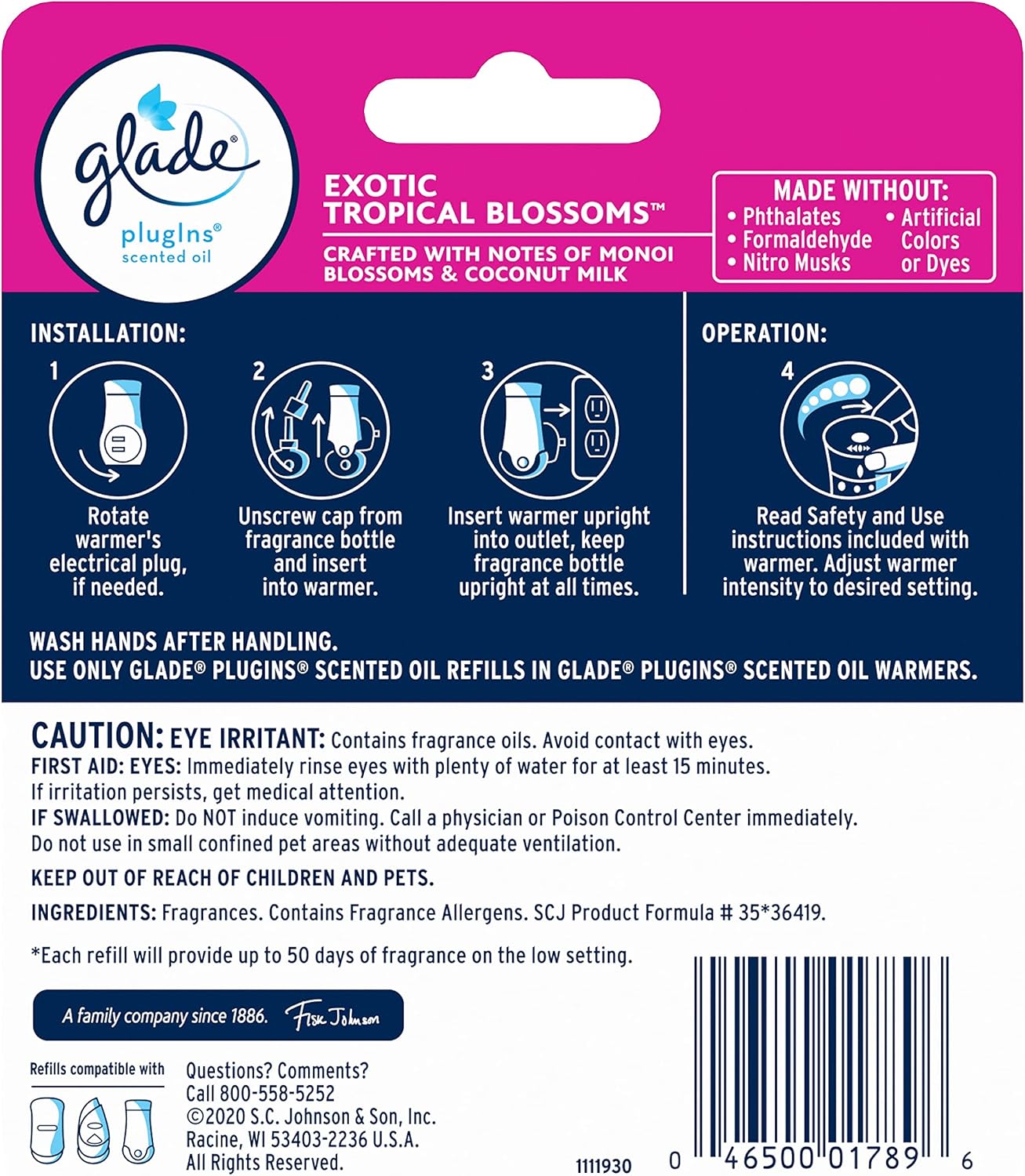 Glade PlugIns Refills Air Freshener, Scented and Essential Oils for Home and Bathroom, Exotic Tropical Blossoms, 1.34 Fl Oz, 2 Count