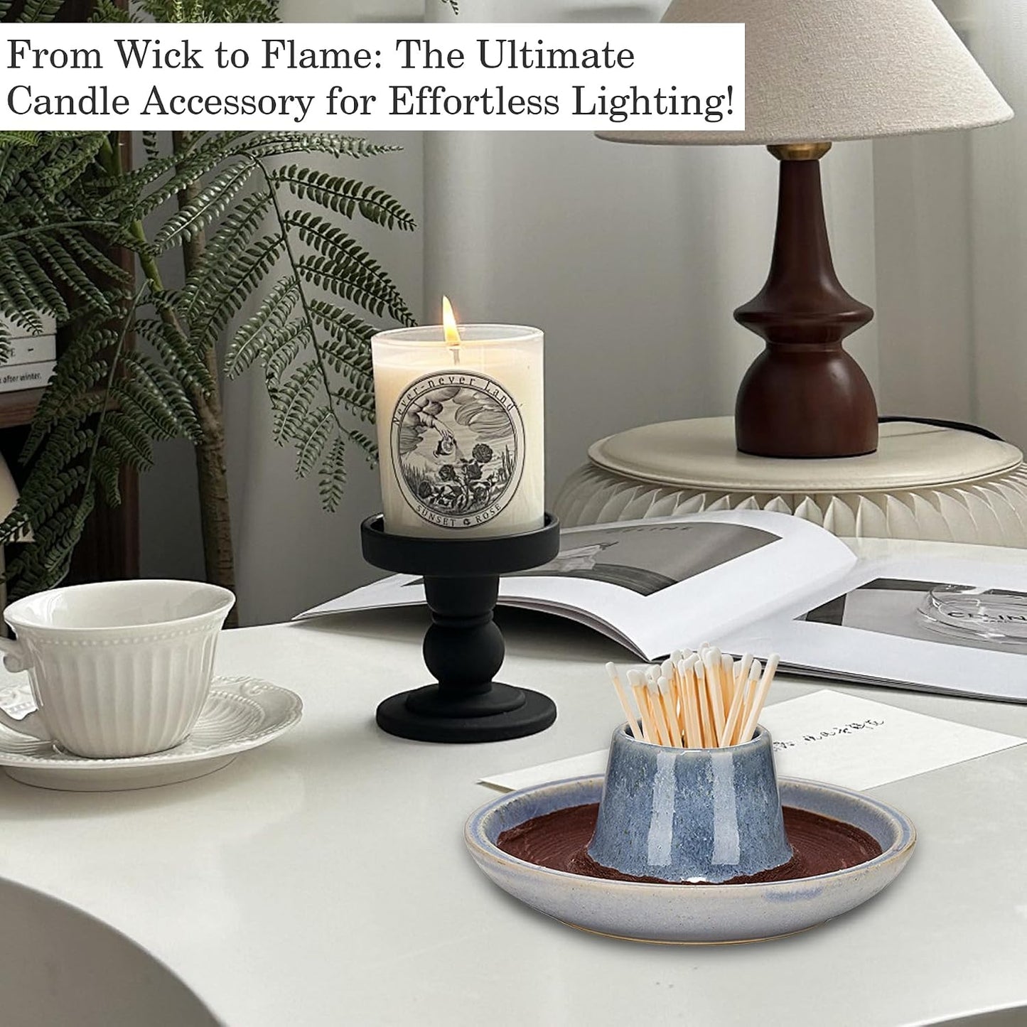 SANDOO Handmade Ceramic Match Holder with Striker - Works with All Matches,Decorative Match Holder,Match Stick Holder,Candle Accessory,Aesthetic Home Decor for Fireplace,Matches not Included,4.7"x1.8"