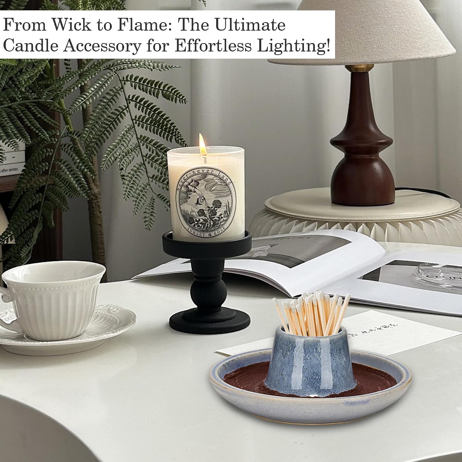 SANDOO Handmade Ceramic Match Holder with Striker - Works with All Matches,Decorative Match Holder,Match Stick Holder,Candle Accessory,Aesthetic Home Decor for Fireplace,Matches not Included,4.7"x1.8"