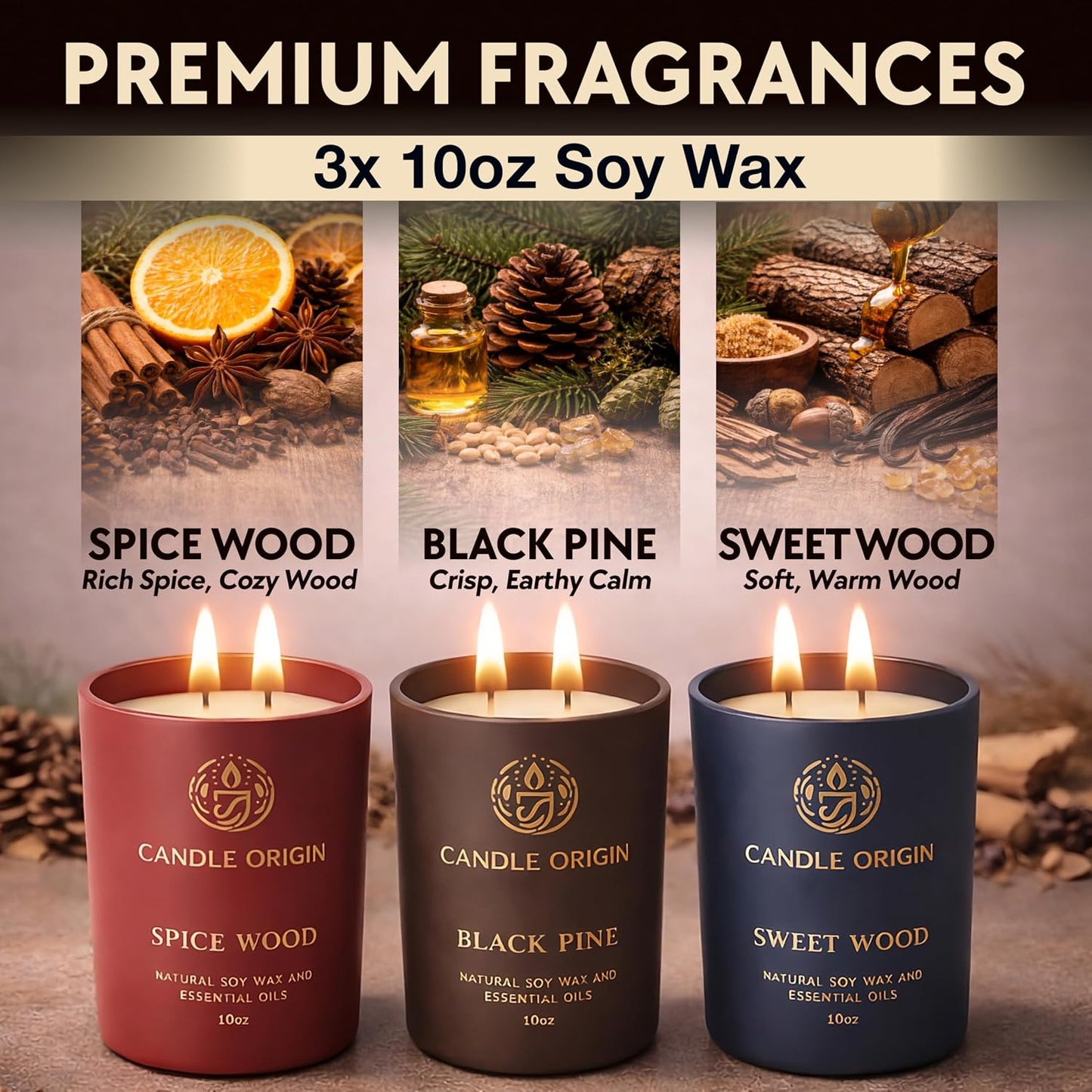 Candles for Men - 3×10 oz Scented Candles Premium Gift Set for Men - Natural Soy Wax - Clean Burning Aromatherapy for Him - Masculine Decor for Home, Apartment, Office, Man Cave