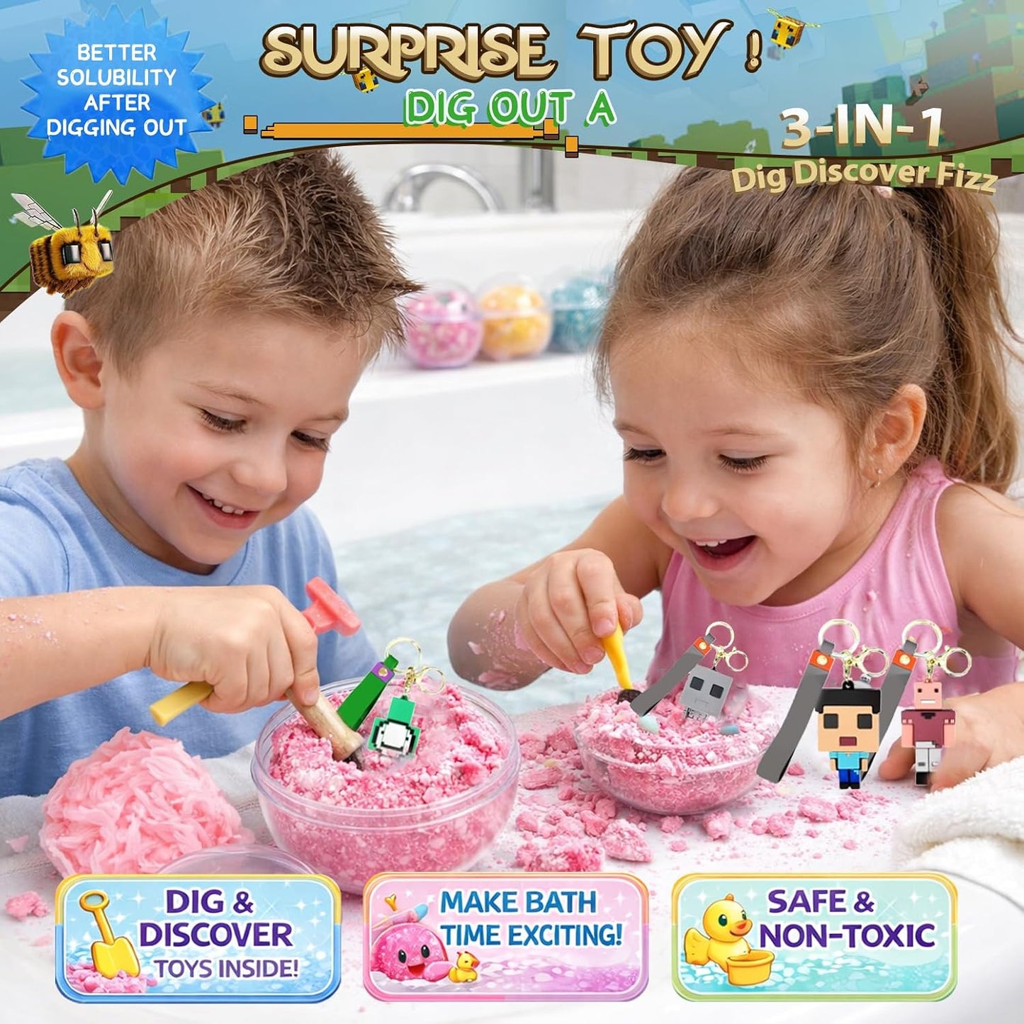 Bath Bombs for Kids: 3 in 1 Build My Own World Dig a Bath Bombs with Toys Inside, Organic Bath Bomb Rich in Natural Essential Oils, Kids Bath Bomb for Dry Skin Moisturize, Summer Party Favors(6 Pcs)