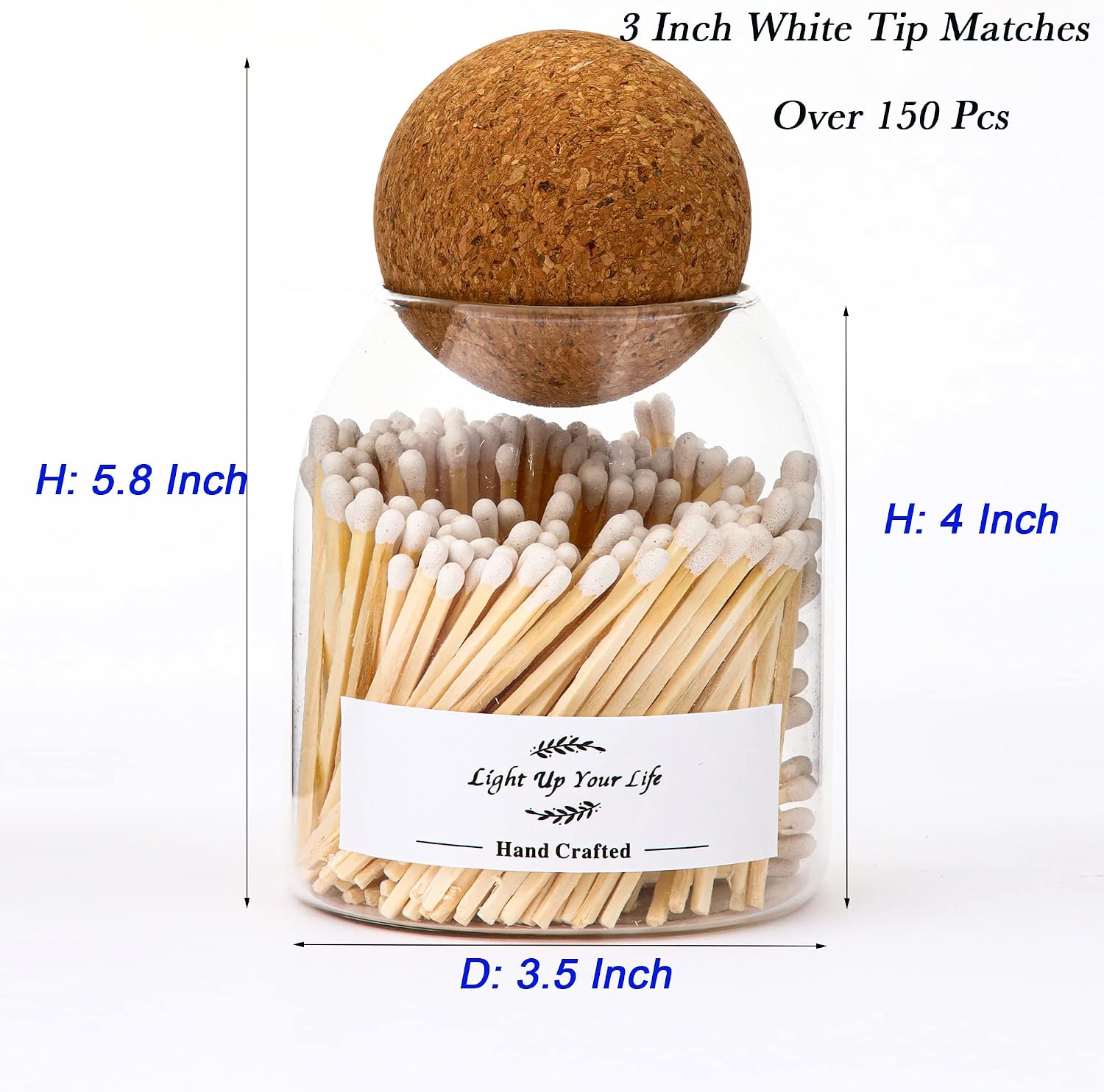 White Matches Included (150Pcs), Match Holder with Striker, Match Cloche with Striker, Safety Matches for Candles with Striker, 150Pcs 3'' Candle Matches, Long Fireplace Matches for BBQ Grill