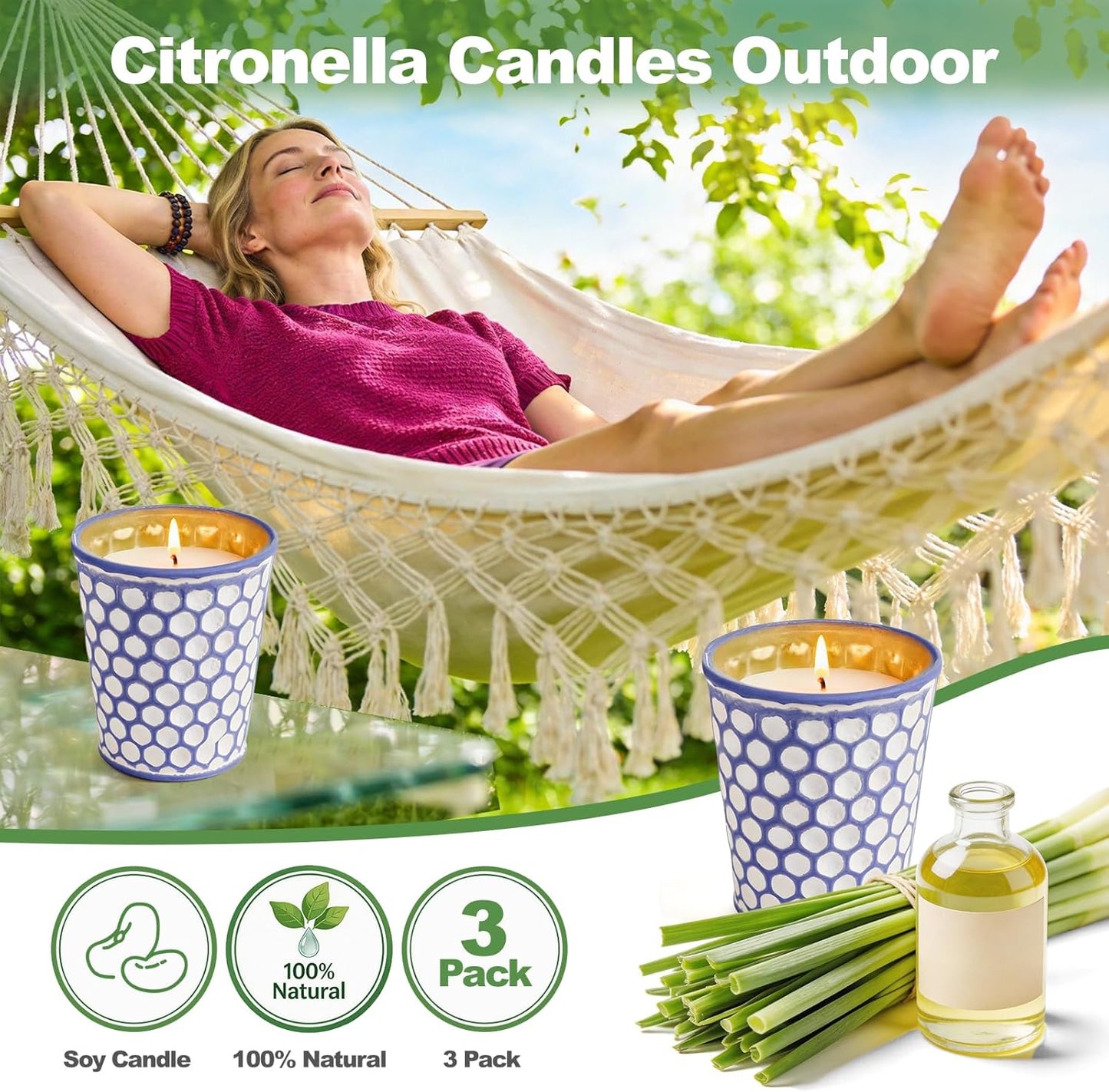 Citronella Candles Outdoor,3 Pack 18OZ Lemongrass Scented Candle for Patio Decor,Natural Soy Wax Citronella Candle for Home Garden,Balcony,Family Gathering,Backyard & Camping