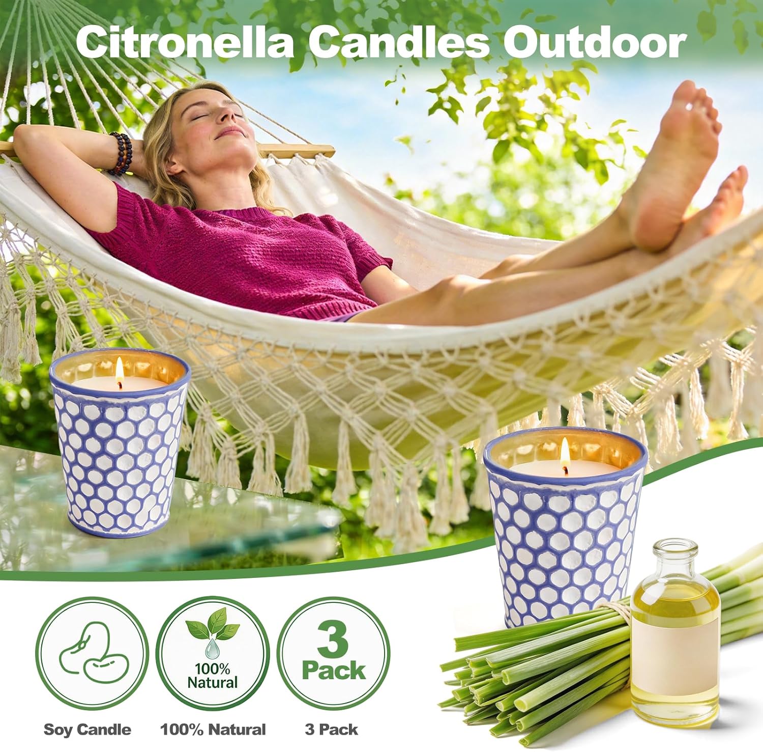 Citronella Candles Outdoor,3 Pack 18OZ Lemongrass Scented Candle for Patio Decor,Natural Soy Wax Citronella Candle for Home Garden,Balcony,Family Gathering,Backyard & Camping