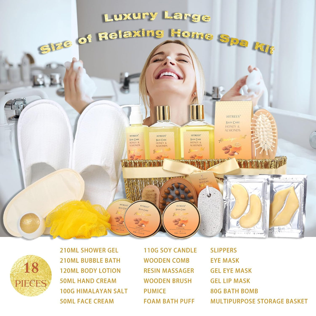 Gift Basket for Women, 18Pcs Honey Almond Milk Bath and Body Gift Basket