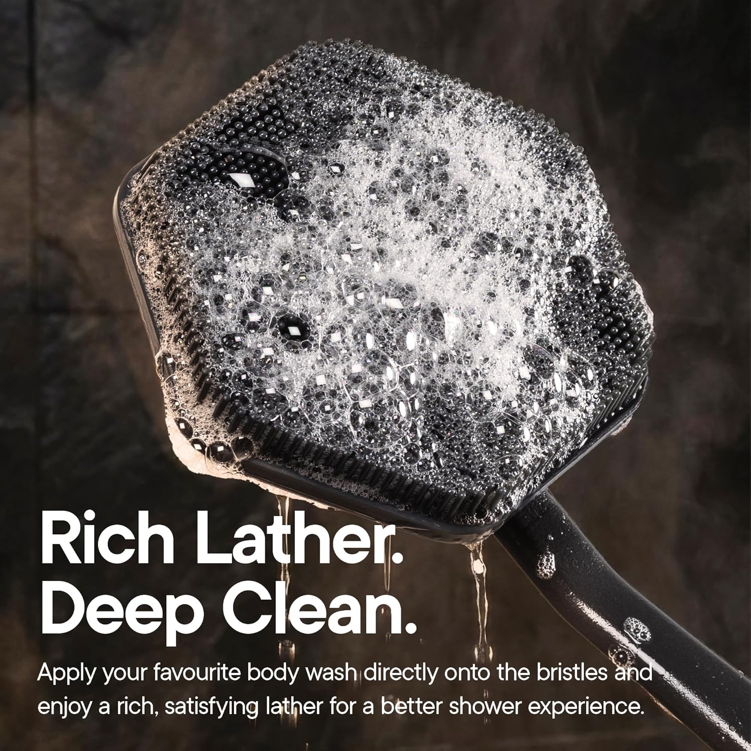TOOLETRIES Silicone Back Scrubber for Shower, Exfoliating Body & Bath Brush, Long Ergonomic Handle, Non-Slip Grip for Hard-to-Reach Areas, Hygienic Silicone Bath Accessory for Men & Women - Charcoal