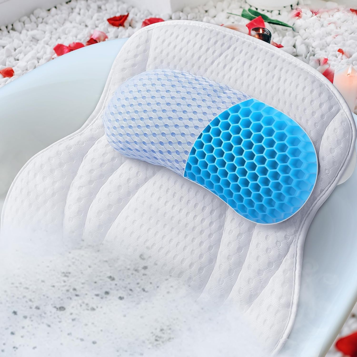 Bath Pillow for Tub, Luxury Bathtub Pillows with Head, Neck and Back Support, Bath Tub Pillow with Soft 4D Breathable Air Mesh Fabric and Non-Slip Suction Cups, Relaxing Bath Tub Accessories, White