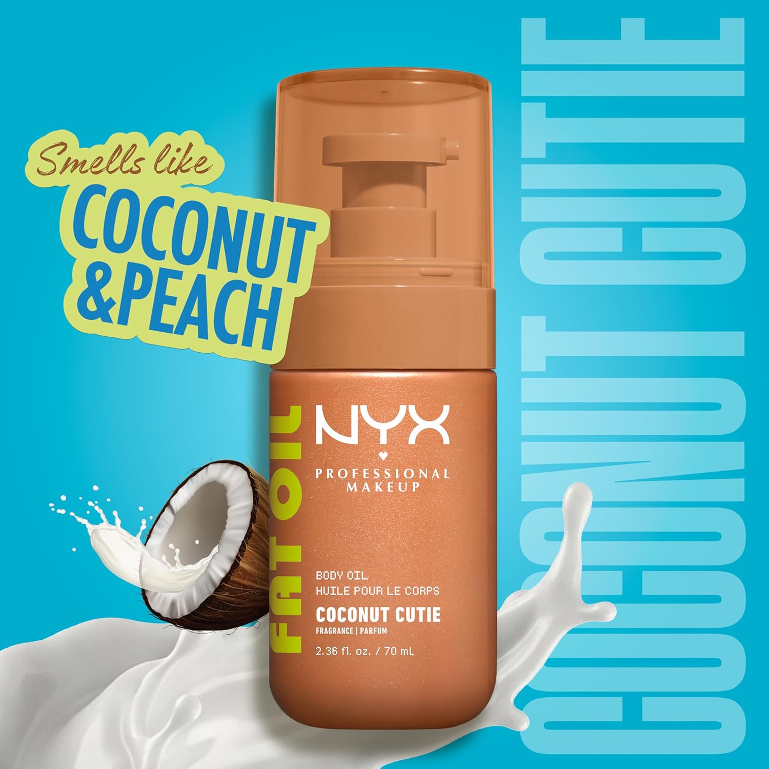 NYX PROFESSIONAL MAKEUP Fat Oil Body Oil in Coconut Cutie, Coconut Scented Body Glow Moisturizer With Vitamin E for 24HR Hydration and Glowing Skin, Golden Finish, Vegan & Cruelty-Free