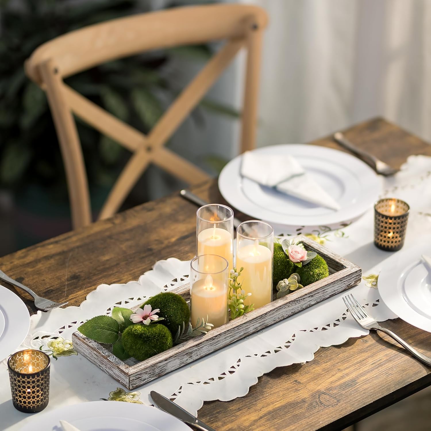 Romadedi Rustic Decorative Wood Candle Tray - 15" Wooden Long Narrow Tray Candle Holder, Farmhouse Small Trays for Coffee Table Centerpieces Dining Room Kitchen Countertop Home Decor, Whitewashed