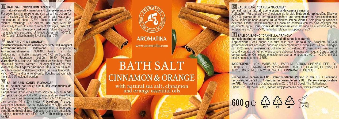 Cinnamon & Orange Aromatherapy Salt – 21.16 oz (600 g) – with Orange and Cinnamon Essential Oils – Natural Bath Soak – Relaxation & Body Care