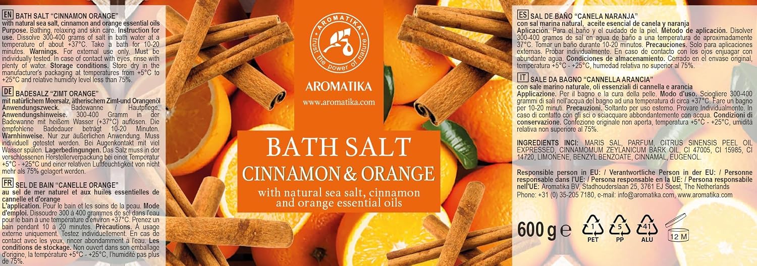 Cinnamon & Orange Aromatherapy Salt – 21.16 oz (600 g) – with Orange and Cinnamon Essential Oils – Natural Bath Soak – Relaxation & Body Care