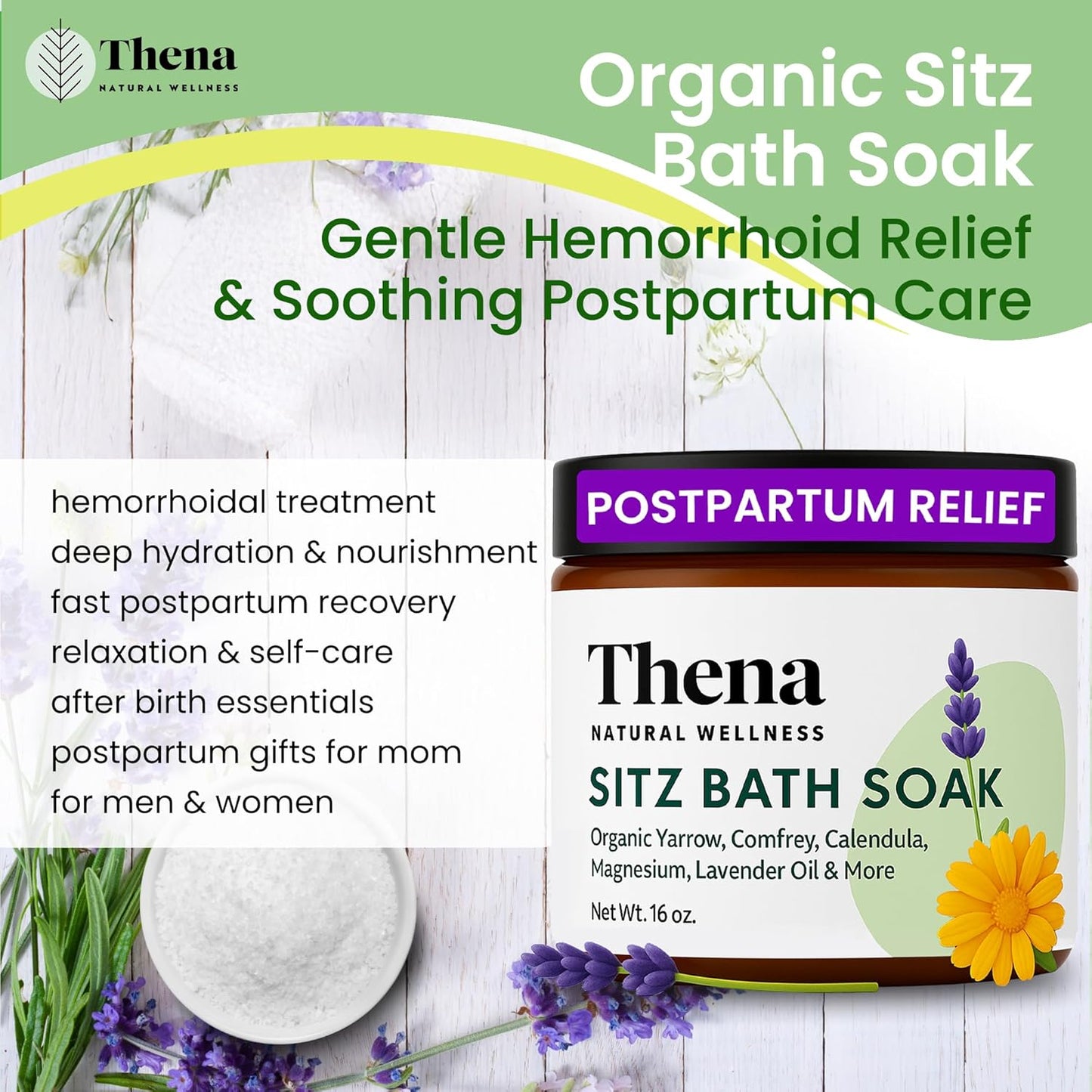 Best Organic Sitz Bath Soak Postpartum Care and Post Partum Essentials, Natural Hemorrhoid Treatment for Women & Moms with Epsom Dead Sea Salt Witch Hazel, Sitz Bath for Toilet, Thena