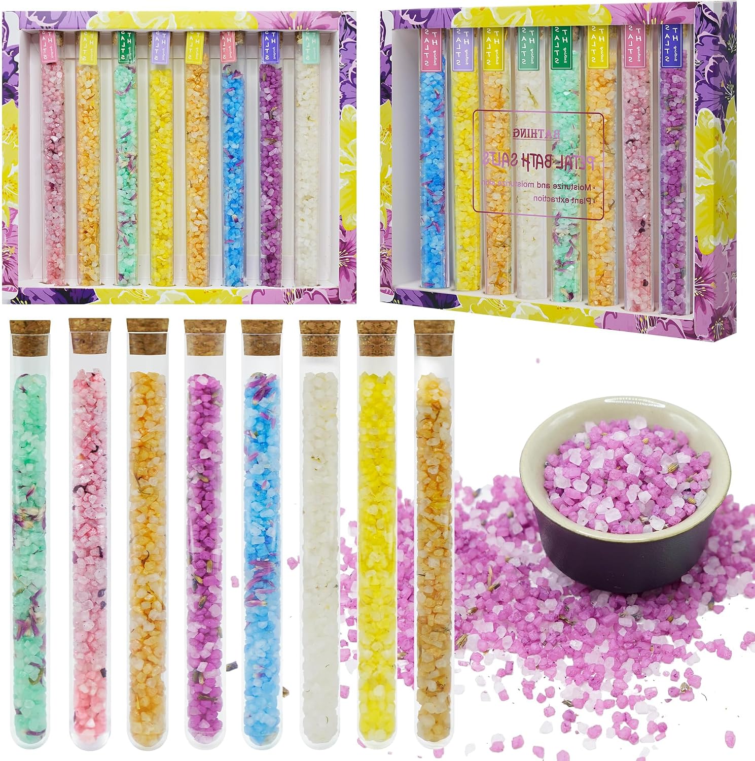 Bath Salts for Women Relaxing, Birthday Gift Set, 8 Cute Individually Wrapped, Organic with Essential Oils, Dead Sea Salt, Dried Flowers, Self Care for Mom, Girlfriend, Her, 8 Scents, Total 8 oz