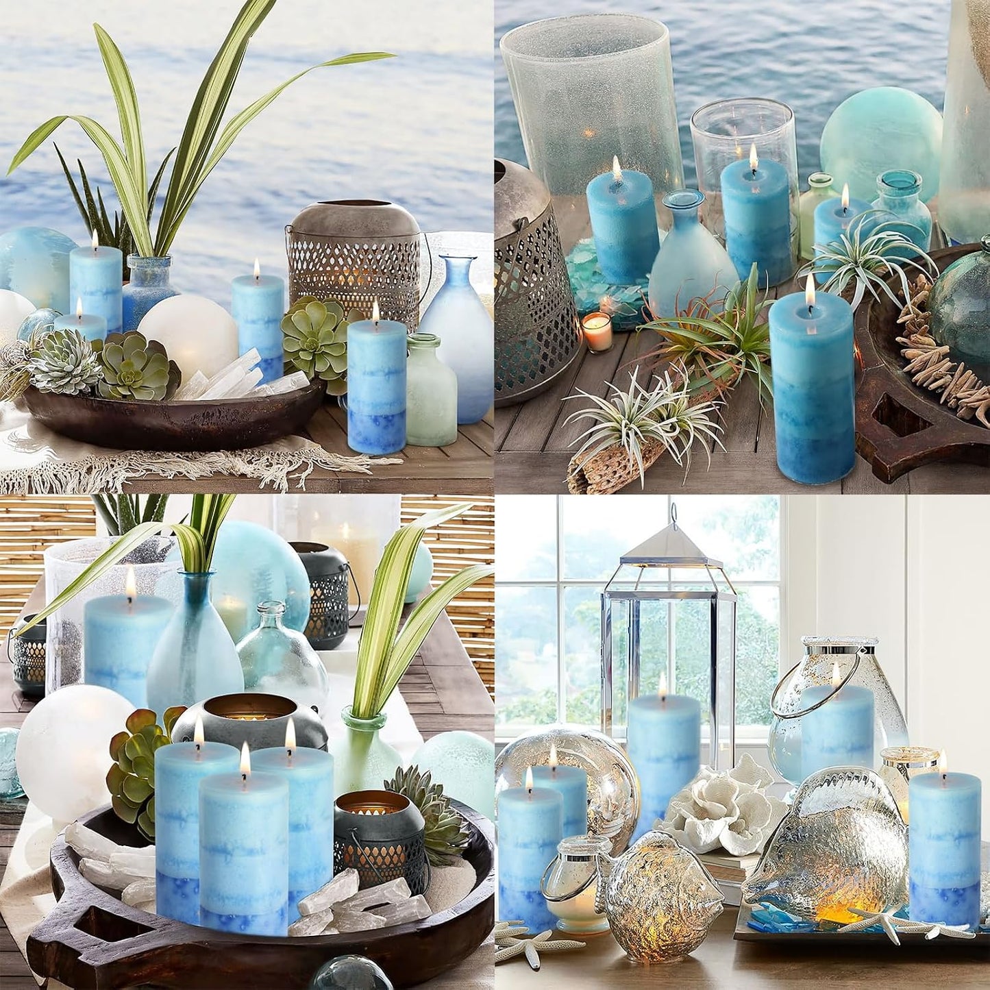 Blue Pillar Candles for Home Scented, Set of 3 Strong Ocean Fragrance Scented Candles, 50+ Hrs Long Burning Candles Set