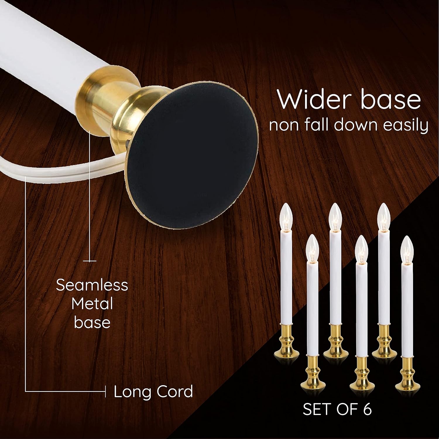 Electric Christmas Window Candle Lamp - 6-Pack | Brass-Plated Base with LED Bulbs | Dusk-to-Dawn Auto Sensor | Turns On in Dark, Off in Light | Ready to Use!