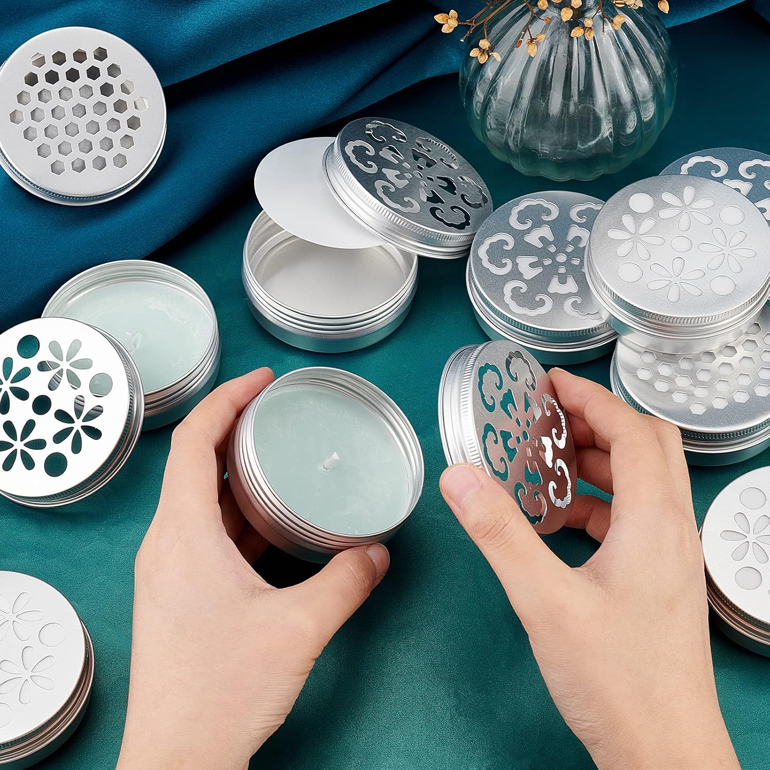 PH PandaHall 2 Ounce Aluminium Tins, 12pcs 3 Styles Empty Storage Containers with Hollow Lids 60ml Screw Lid Round Jars Sample for Aromatherapy Air Freshener Candles Travel Storage