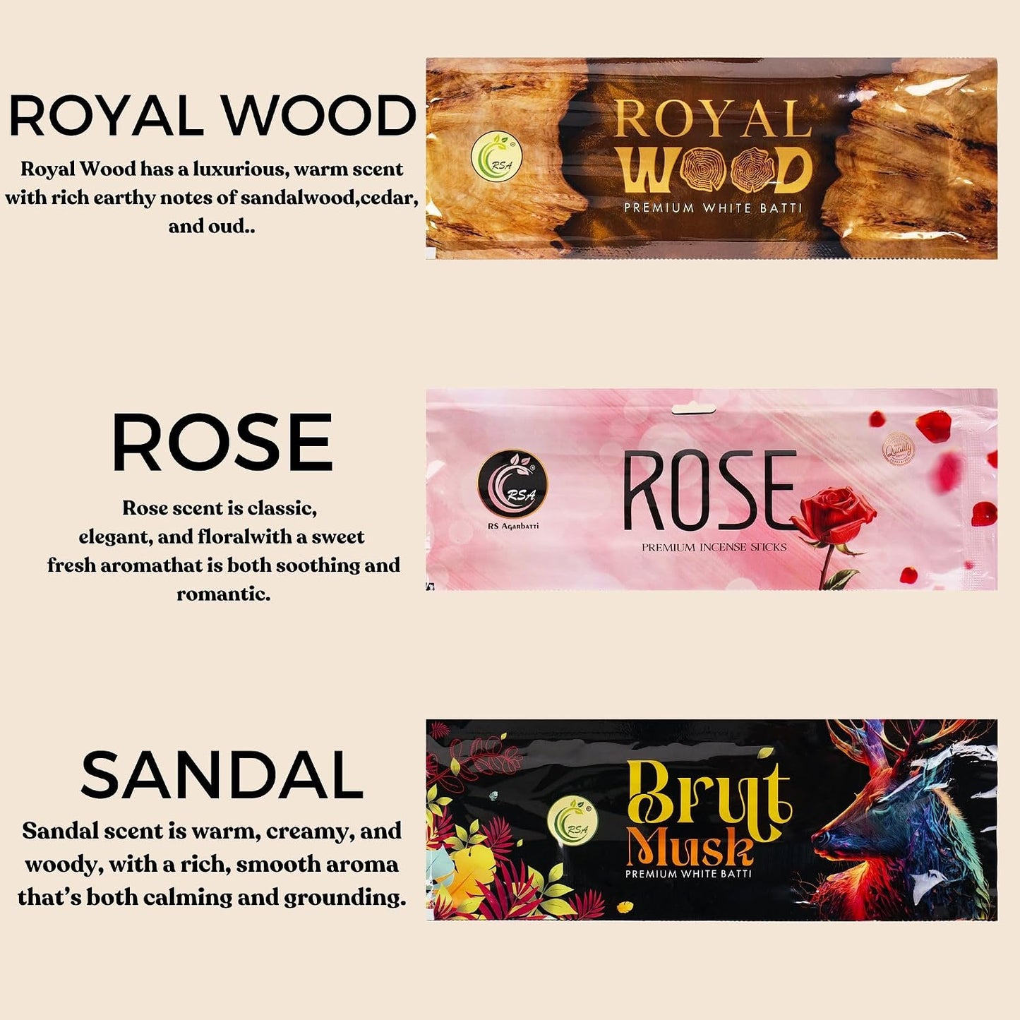 Incense Sticks Gift Set for Relaxation, Meditation, Positivity, Stress Relief and Yoga with 1 Wooden Holder Brut Musk Royalwood Pineapple Intimate Musk Melon Rose, 12x6 Sticks, 20x6 gram, Hashcart®