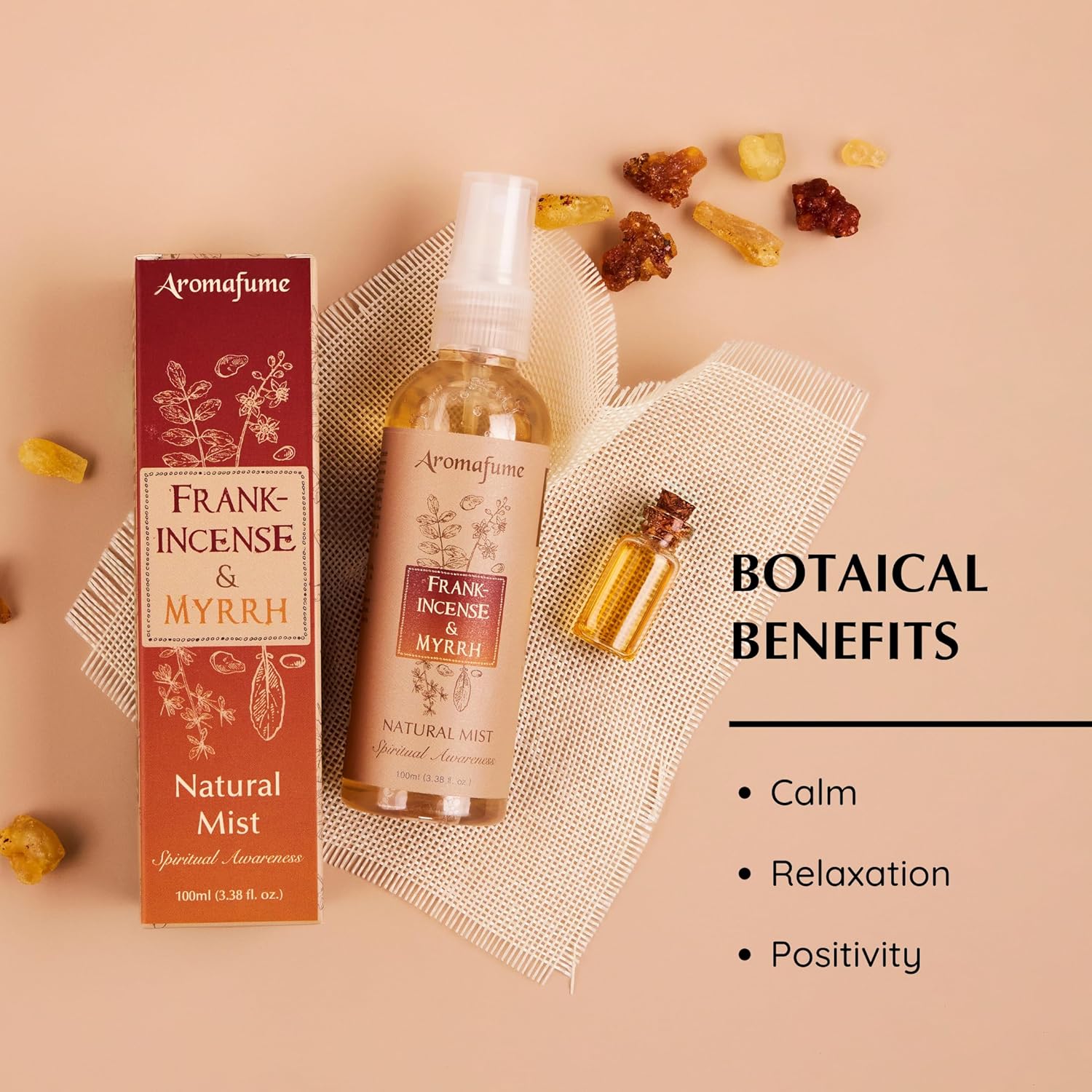 Frankincense & Myrrha Natural Resin Mist Spray by Aromafume | 100 ml / 3.3oz | Ideal for deep relaxation, spirituality & rituals | Made with Pure Resin from Somalia | Non-alcoholic, non-toxic & vegan