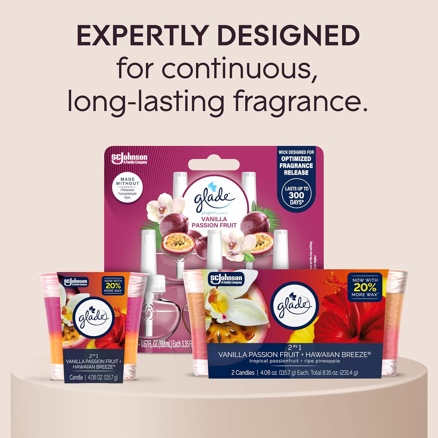 Glade 1-Wick 2in1 Scented Candle Jar, Hawaiian Breeze & Vanilla Passion Fruit, Air Freshener Infused with Essential Oils, 4.08 Oz, 3 Count