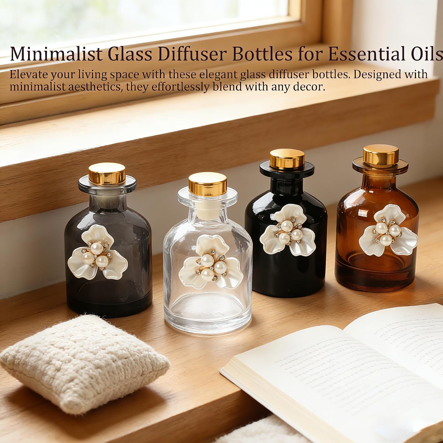 Empty Fragrance Glass Reed Diffuser Bottles 100ml/3.5oz 4 Pack with 12pcs Reed Diffuser Sticks,Refillable,Aromatherapy Storage Containers,DIY Replacement for Reed Diffuser Sets(4 Color)