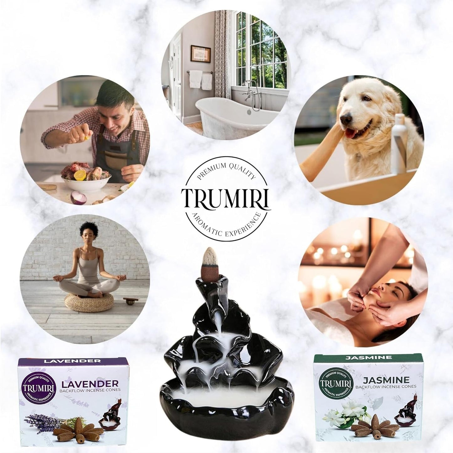 TRUMIRI Backflow Incense Cones - Combo Pack of 20 Incense Cones Waterfall - 10 Lavender + 10 Jasmine - Incense Backflow Cones - Waterfall Incense Cones - Incense Waterfall Cones