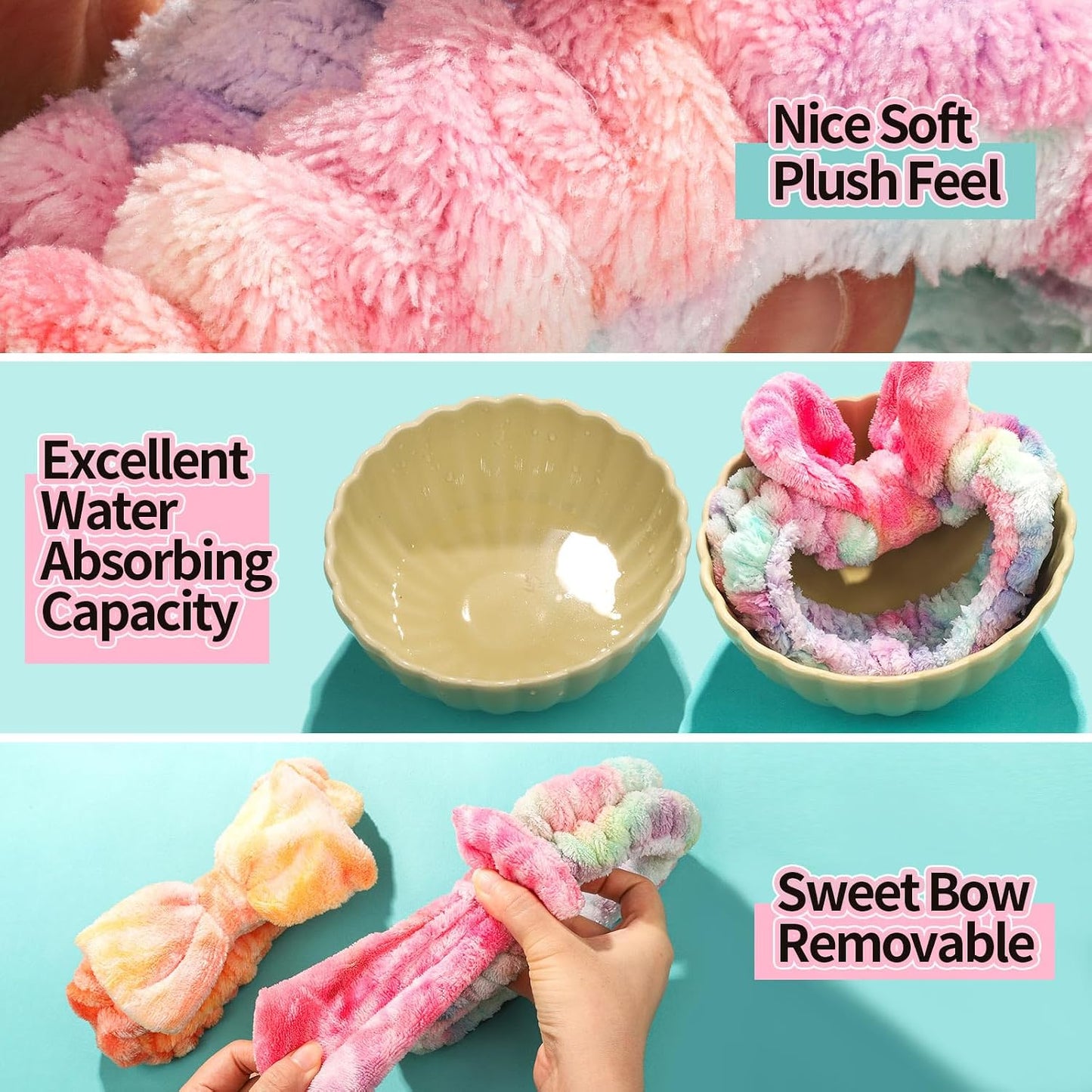 LEOBRO Spa Headband, 3pcs Makeup Headbands and 3pcs Hair Scrunchies, Bow Skin Care Headband for Washing Face, Hair Bands, Birthday Gifts, for Women, Teen Girls