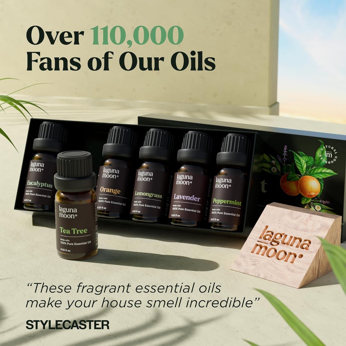 Lagunamoon Essential Oils Aromatherapy Set - 6 Oils for Diffusers, Home Care, Candle Making Scents, Fragrance, Humidifiers, Gifts - Peppermint, Tea Tree, Lavender, Eucalyptus, Orange (10mL)