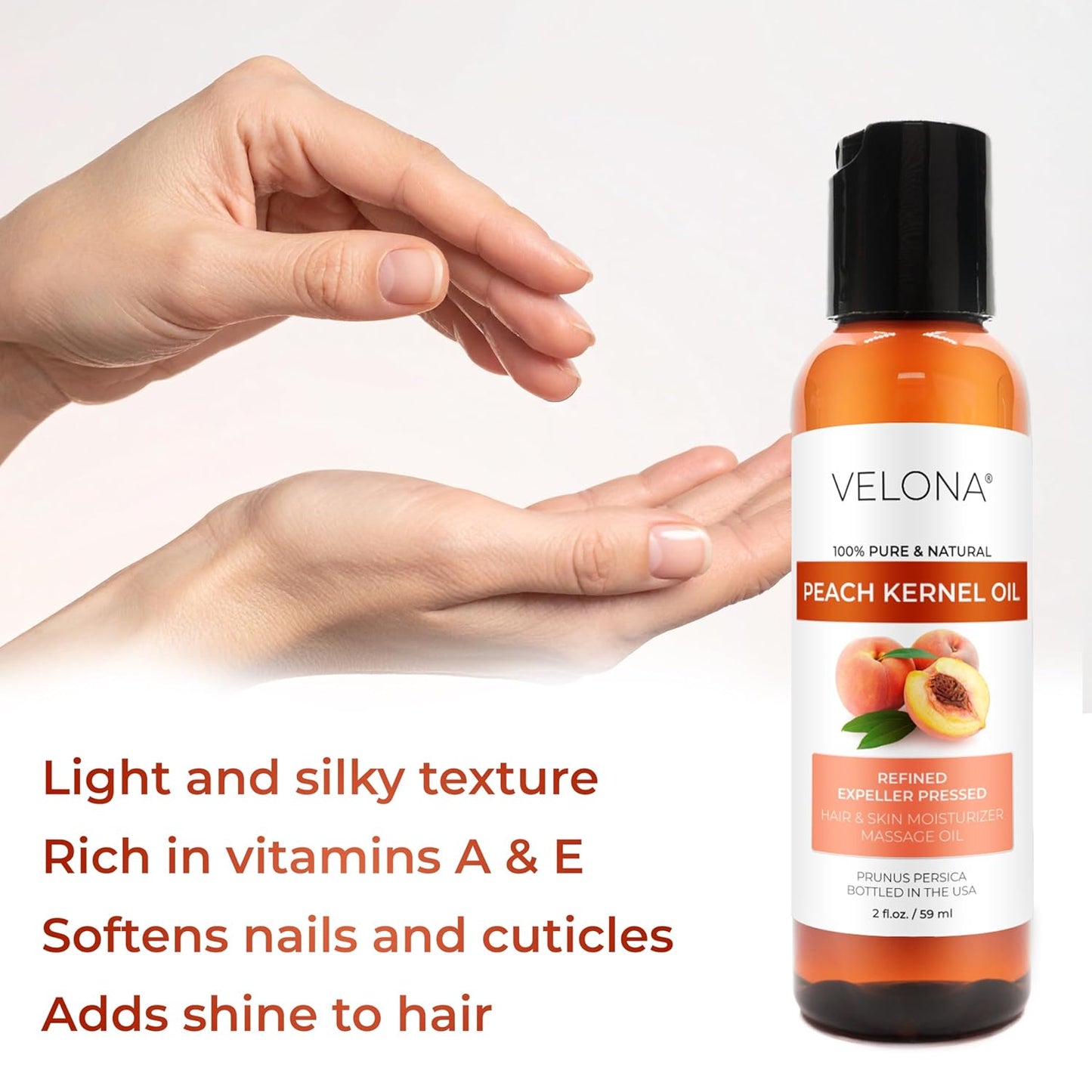 velona Peach Kernel Oil 2 Fl Oz | 100% Pure and Natural Carrier Oil | Refined | Skin, Hair, Body & Face Moisturizing | Use Today - Enjoy Results