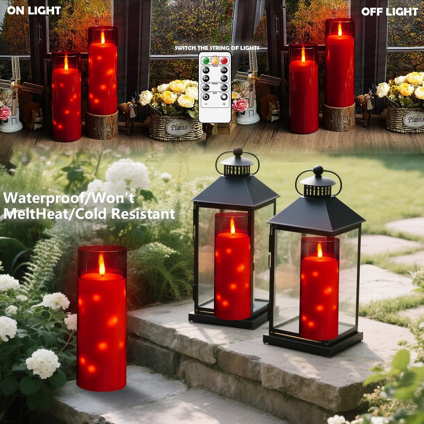 kakoya 11" x 4" Large Outdoor Waterproof Flameless LED Candles with Remote and Timer,Acrylic Pillar Candles Battery Operated with Embedded Star String for Porch,Patio,Outdoor Decor,Set of 2(Red)