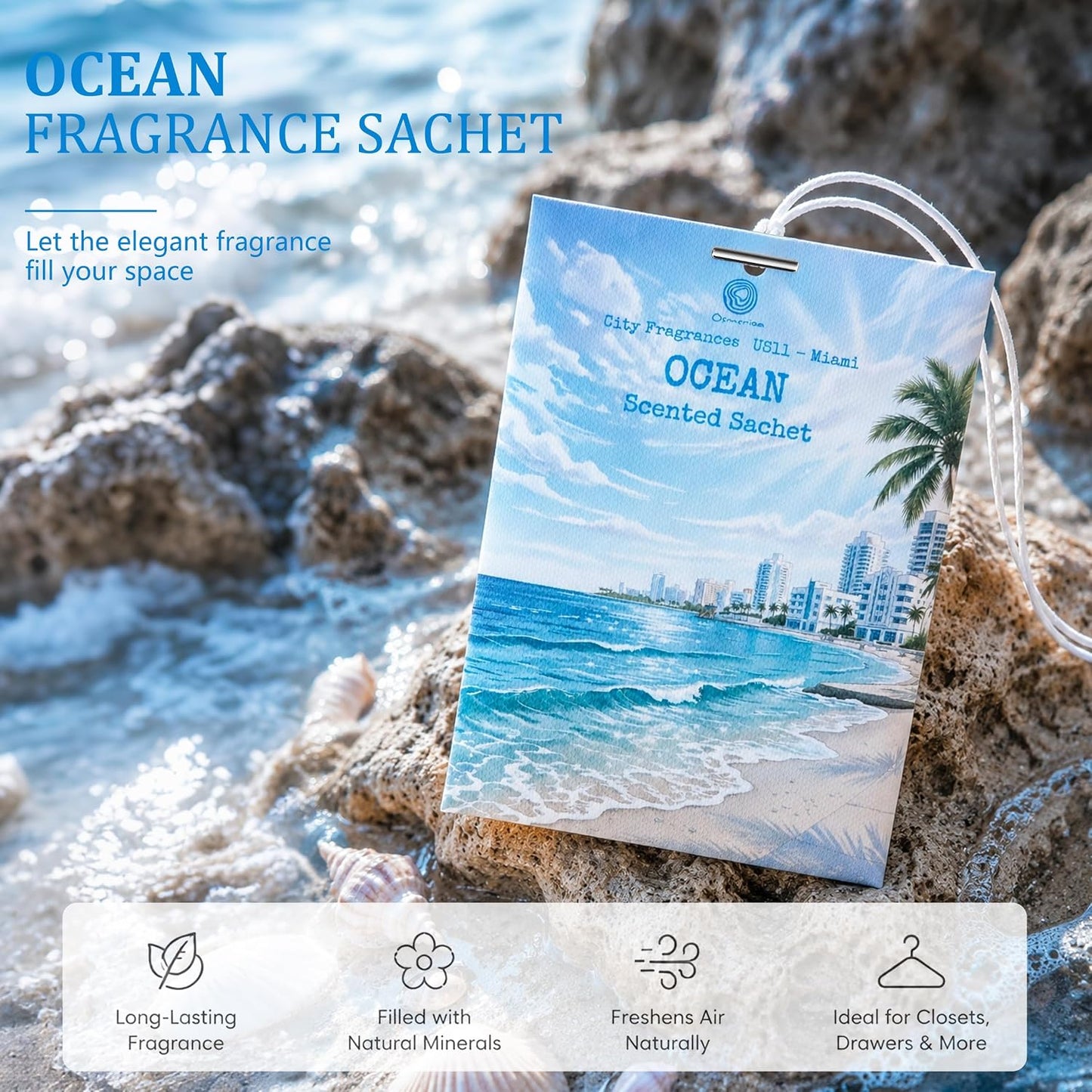 US11-Miami Ocean Scented Sachets for Drawers and Closets, Car Air Freshener Bags, Ocean Closet Freshener and Odor Eliminator for Wardrobe, Dresser, Car and Small Spaces 12 Pack