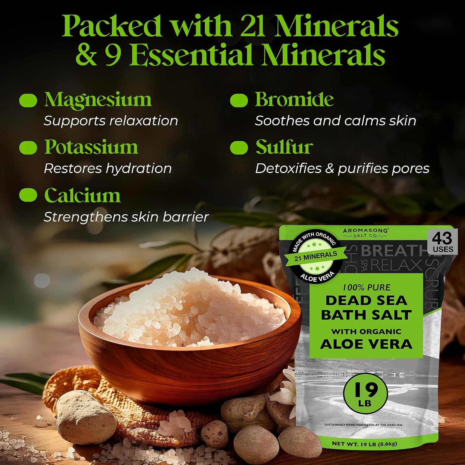 Aromasong Dead Sea Salt with Organic Aloe Vera, Spa Bath Salts, 19 Lbs Fine Bulk resealable Pack, 100% Pure & Natural, Soak for Women & Men for Tired Muscles & Skin Issues (Packaging May Vary)
